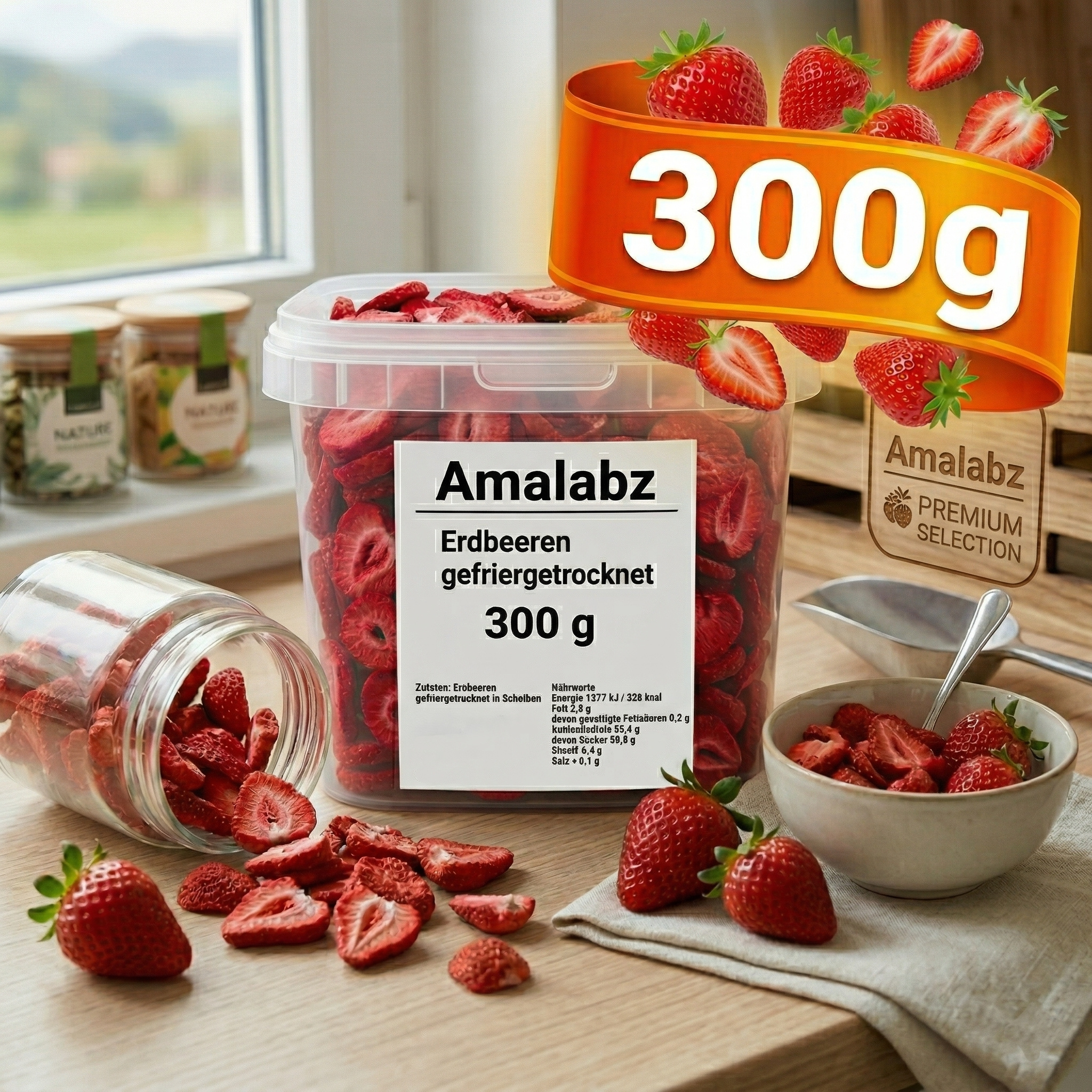 Freeze-dried Strawberries 300g - Strawberry Chips – Crispy Airy Strawberry Slices Without Added Sugar | Storage Bucket