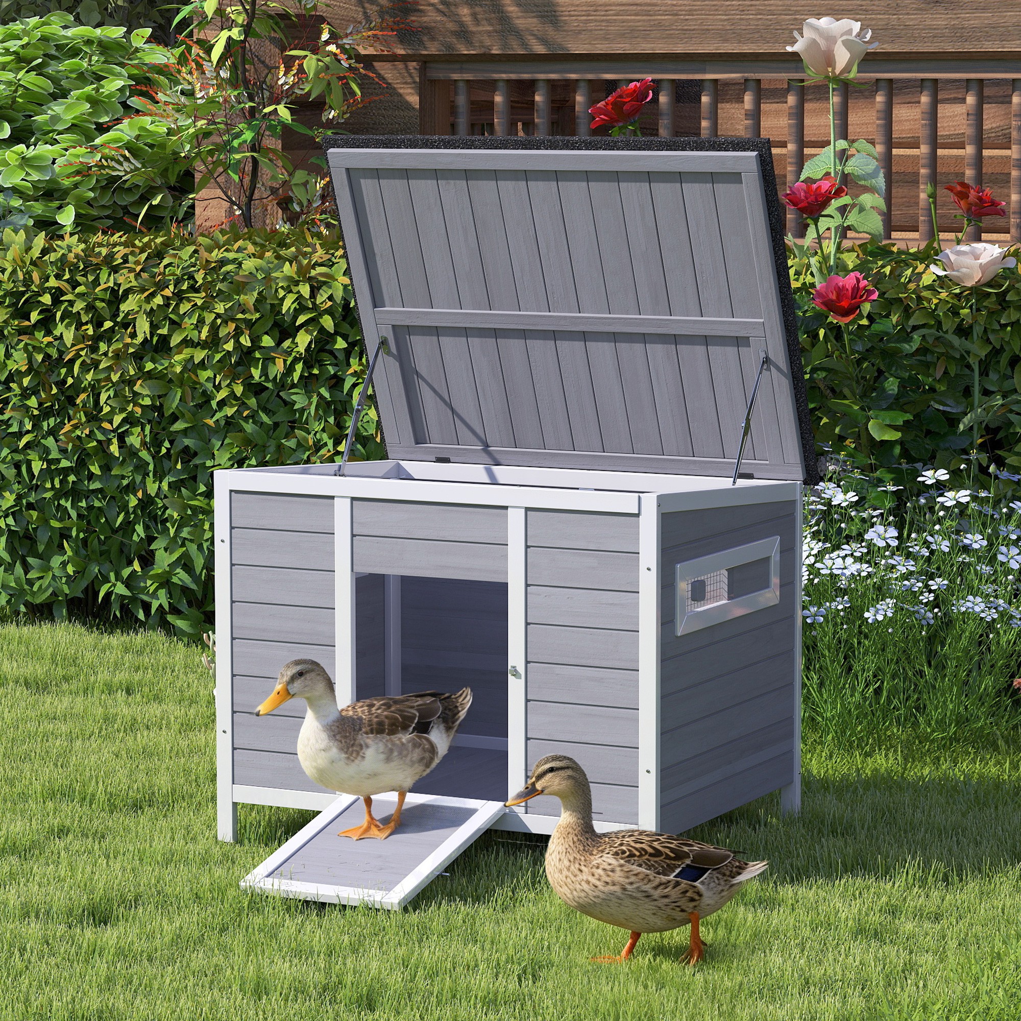 Image of Duck House Made Of Wood With Removable Floor, Sliding Windows, And Foldable Asphalt Roof, Elevated Goose House With Ramp, Poultry House For 2-3 Ducks, Chickens, Gray, 93x70x72cm.