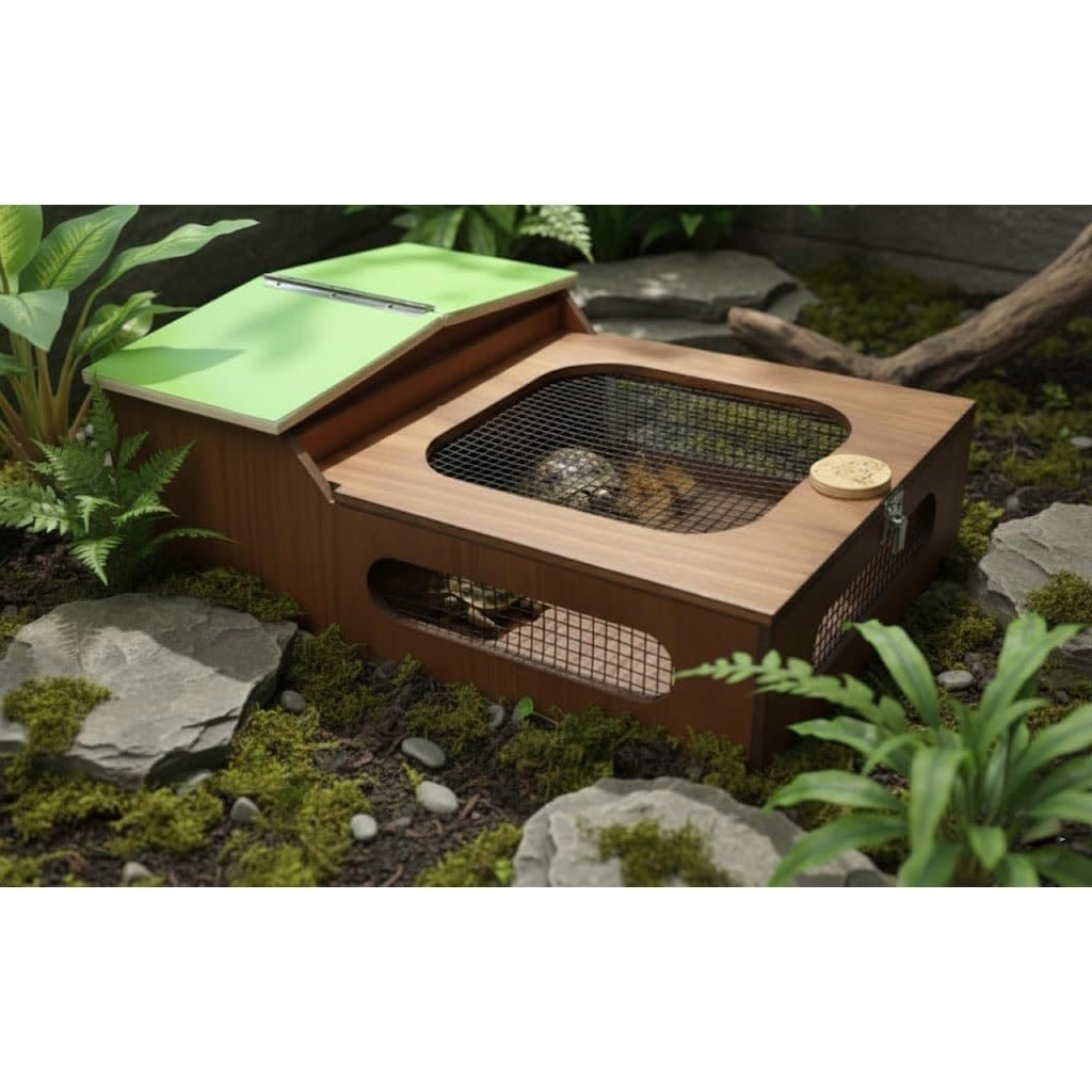 TEMU Terrario casetta in legna per tartarughe, , rettili. Realizzato in legno color noce. Con a falda apribile e rete in PVC certificato. Dimensioni