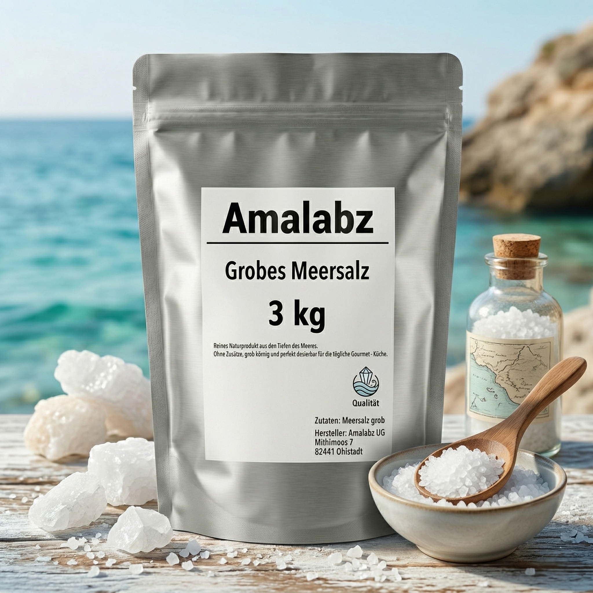 Image of 3kg Coarse Sea Salt Coarse From Amalabz - Natural & Pure - Economy Pack In Silvery Doypack For Kitchen & Grill