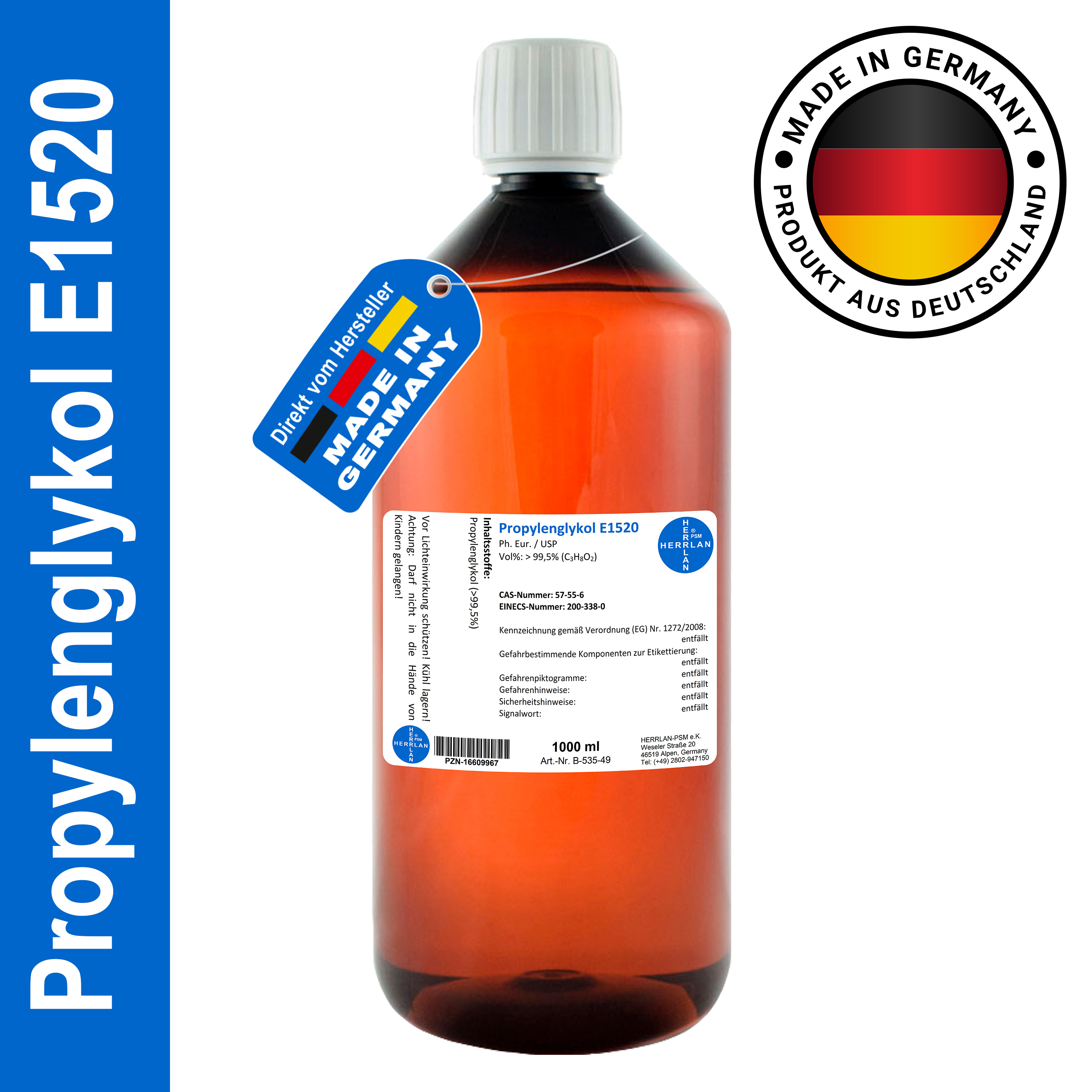 E-shop 99,5% Propylenglykol 1000 ml I Zur Herstellung von Cremes, Lotionen, Gels, Balsam I HERRLAN-Qualität I Made in Germany