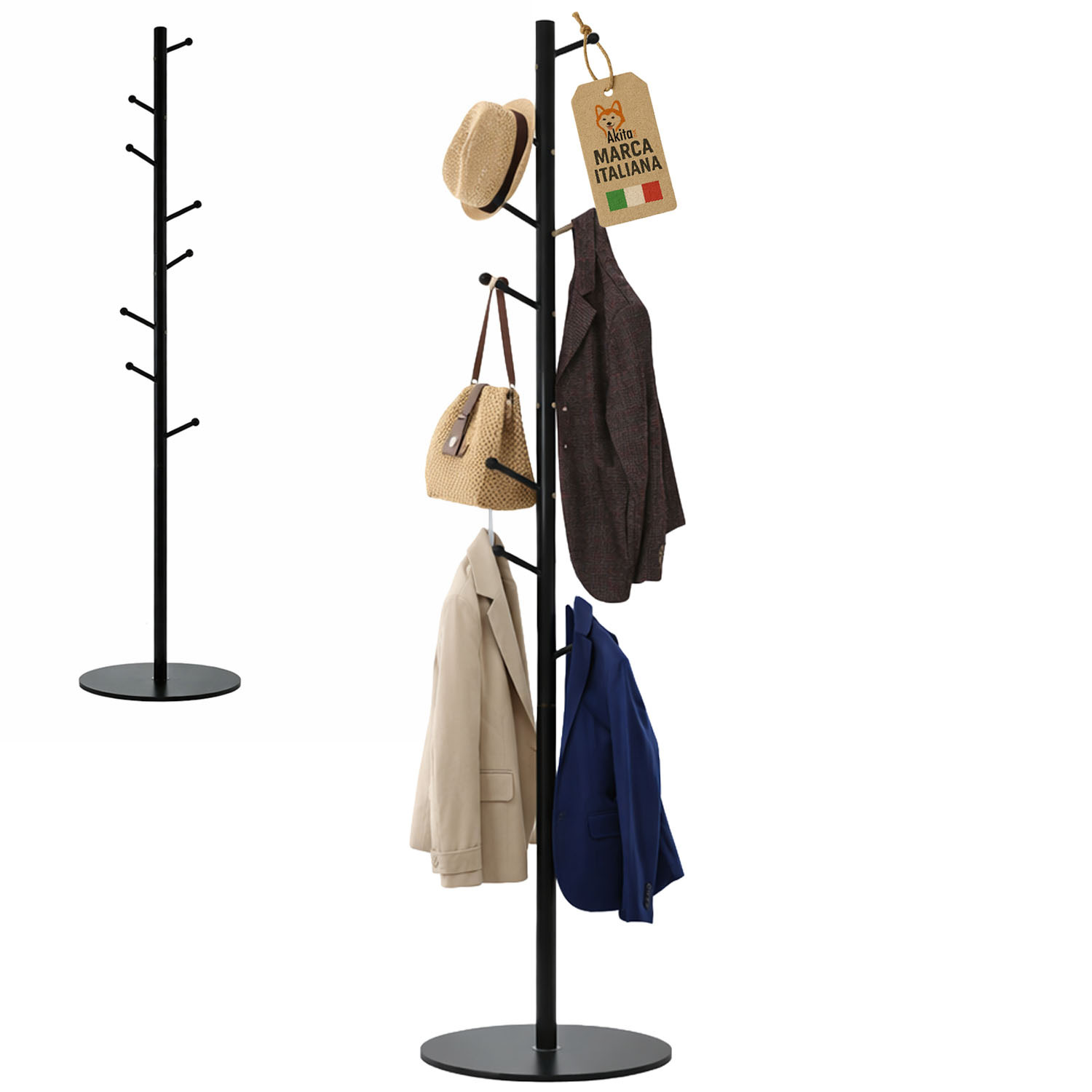 Akitaink Floor-standing Metal Coat Rack With Mdf Base - Tree-shaped Coat Stand With 8 Hooks, Space- For Clothes, Hats, And Bags, Black, Cm