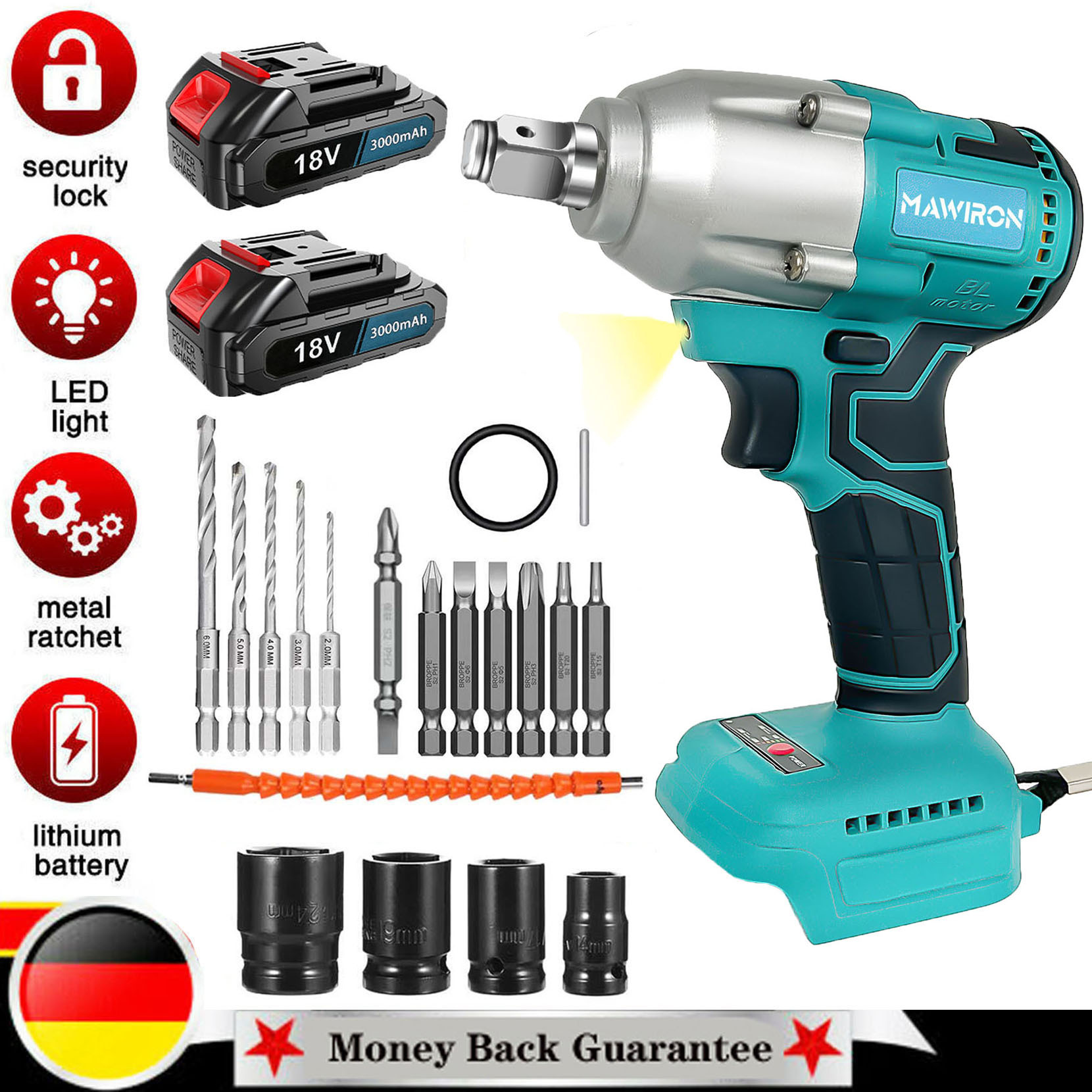 E-shop Akku-Schlagschrauber mit hohem Drehmoment 350 N.m 738 ft-lbs, Batterie-Schlagschrauber kompatibel mit Makita 18V Akku, 1/2" bürstenloser