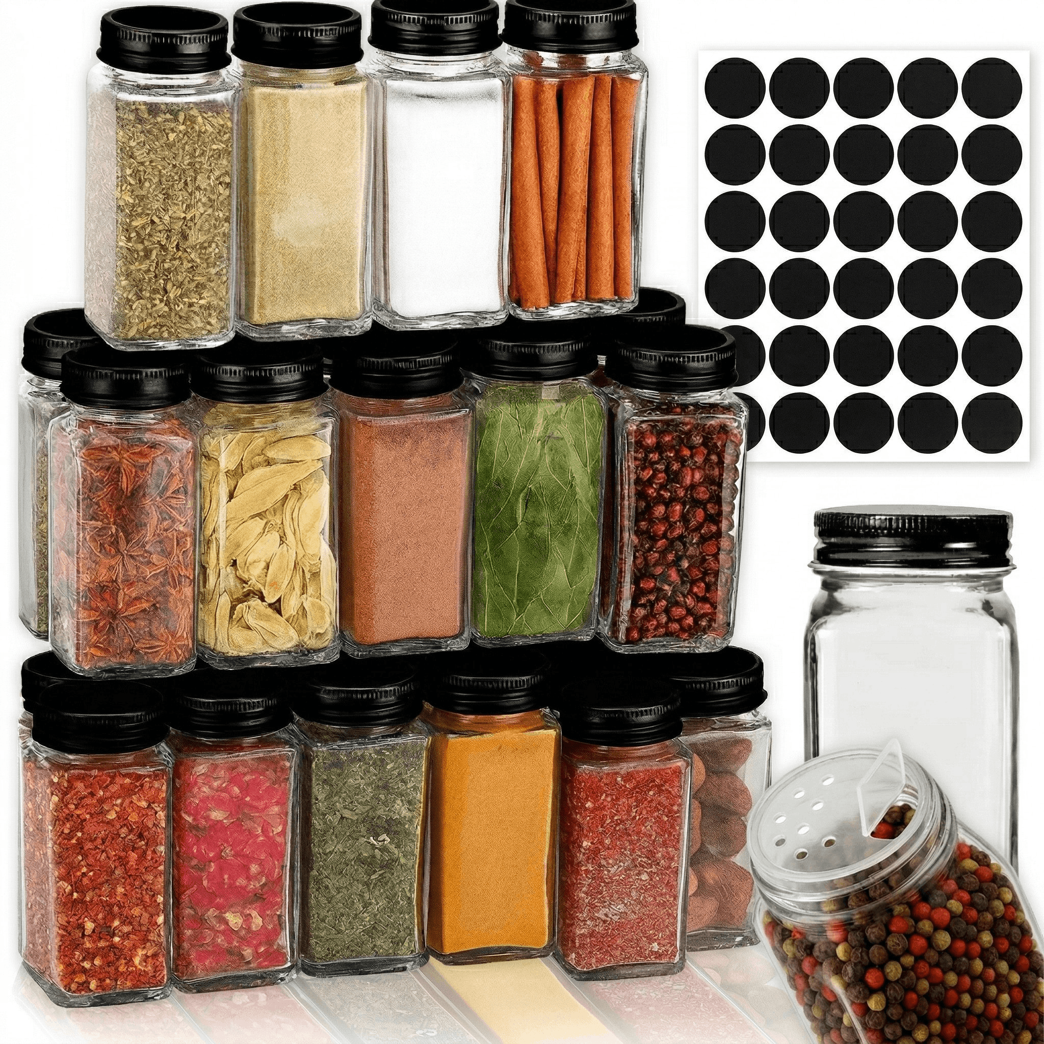 TEMU Glass Spice Jars, Spice Containers, Set Of 24 Pieces   Stickers. Complete Kitchen Organizer Set 24x120ml. Square Jars Made Of Thick Glass With