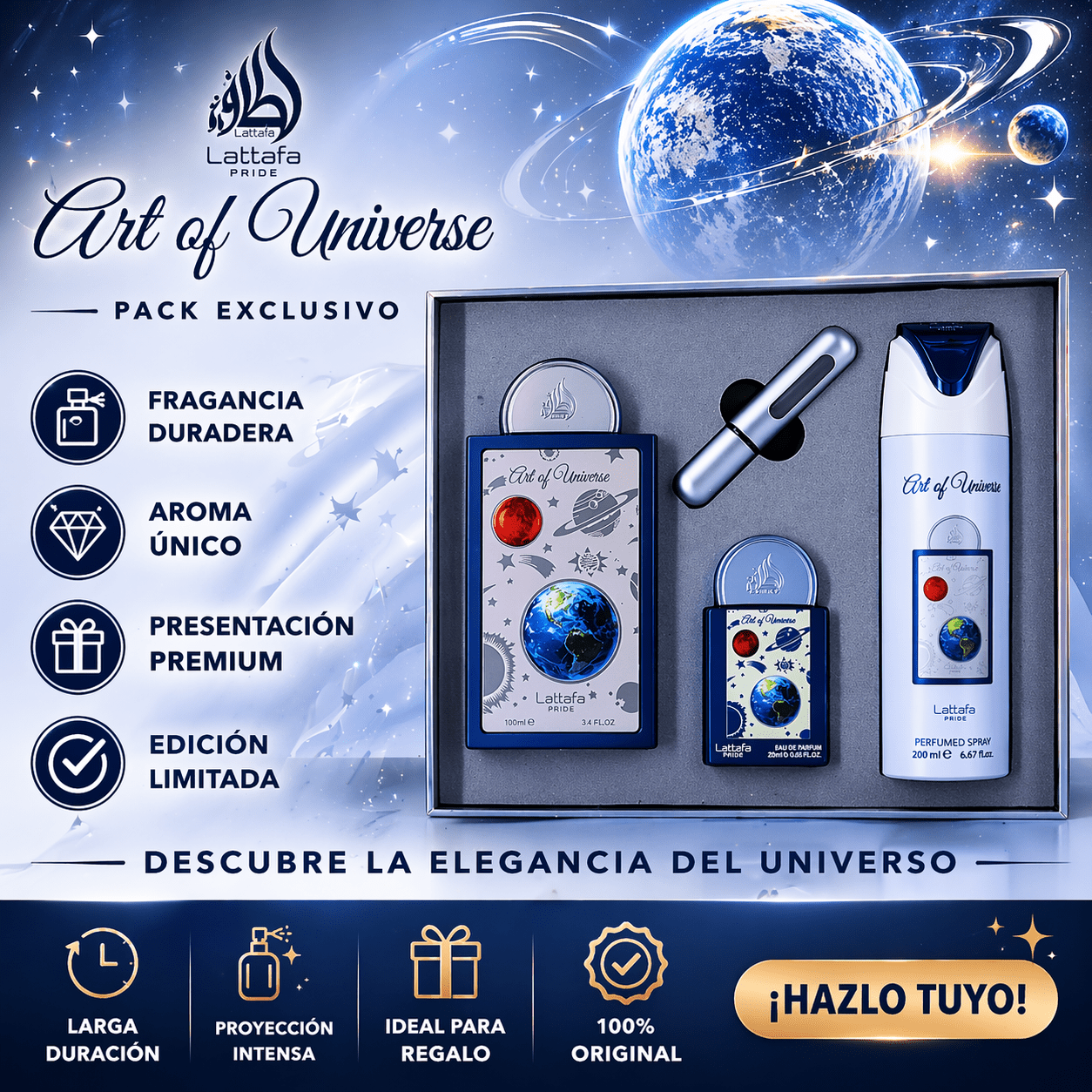 TEMU Lattafa Pride Art Of Universe - Juego de regalo de 3 piezas para hombre (EDP de 100 ml + spray corporal perfumado de 200 ml + EDP de viaje de 20