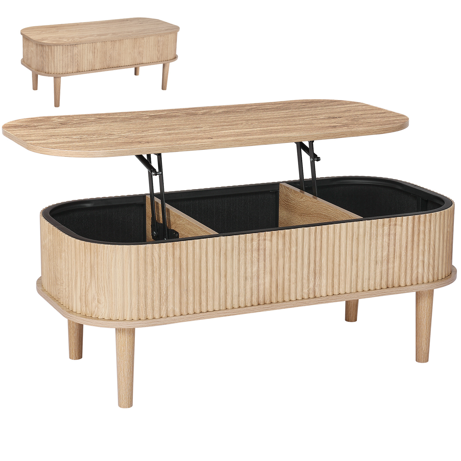 TEMU VEVOR Table Basse Ovale Flutée à Tiroir, 39.4 pouces, avec 3 Compartiments Cachés, Bureau Central Ovale en Bois du du Siècle avec Rangement,