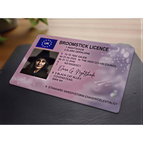witchs broomstick licence novelty keepsake premium plastic card