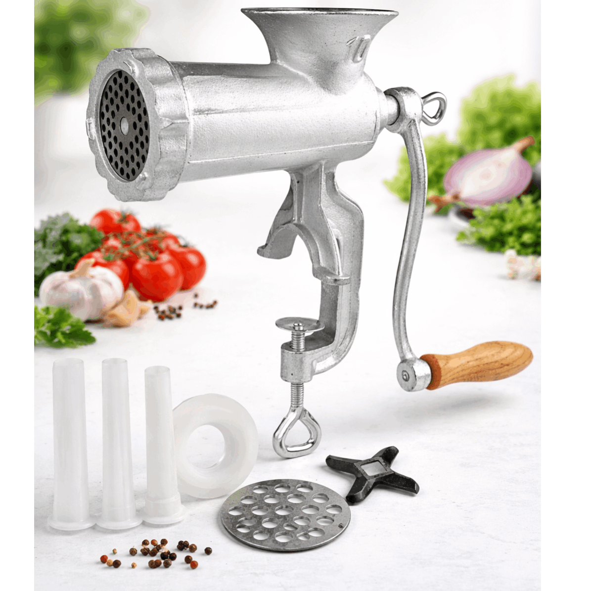 Image of Manual Meat Grinder, All Parts Stainless Steel, Hand Operated Meat Grinding Machine With Tabletop Clamp, 2 Grinding Plates & Sausage Stuffer, Kb008103