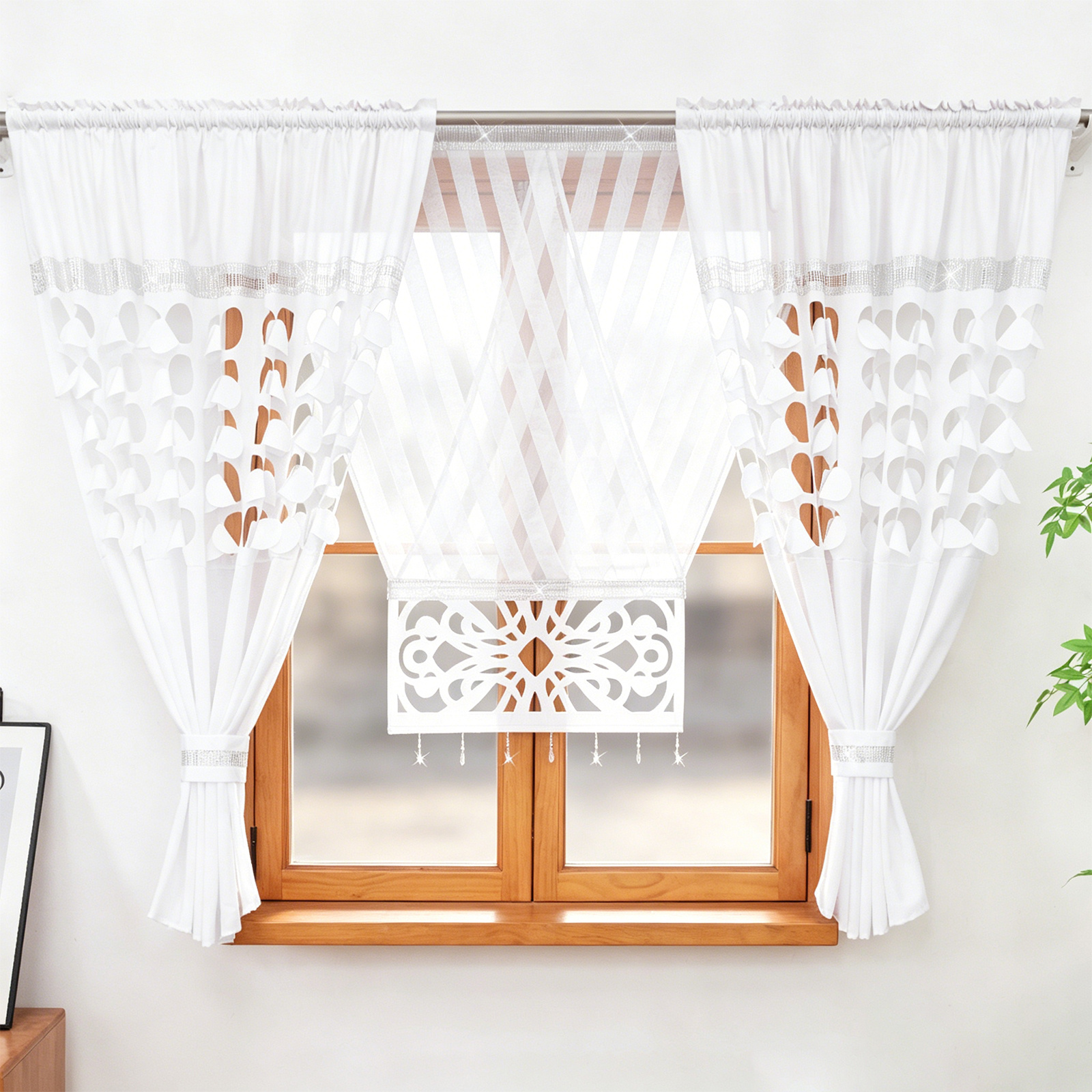 E-shop 3-teiliges dekoratives Wohnzimmer-Vorhangset, 145×160 cm Paneelen, Doppelstangen-Hängevorhang für 200–250 cm Fensterbreite, 1 Mittelvorhang mit