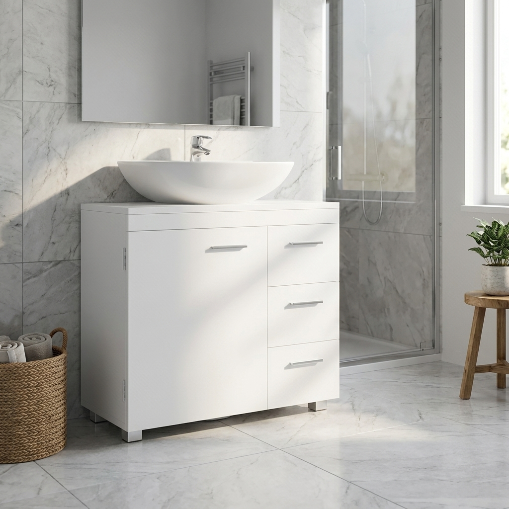 TEMU Meuble pour sous le lavabo, dimensions 70 cm de largeur, 30 cm de et 64 cm de hauteur, avec pieds. Doté de tiroirs latéraux sur le devant et de