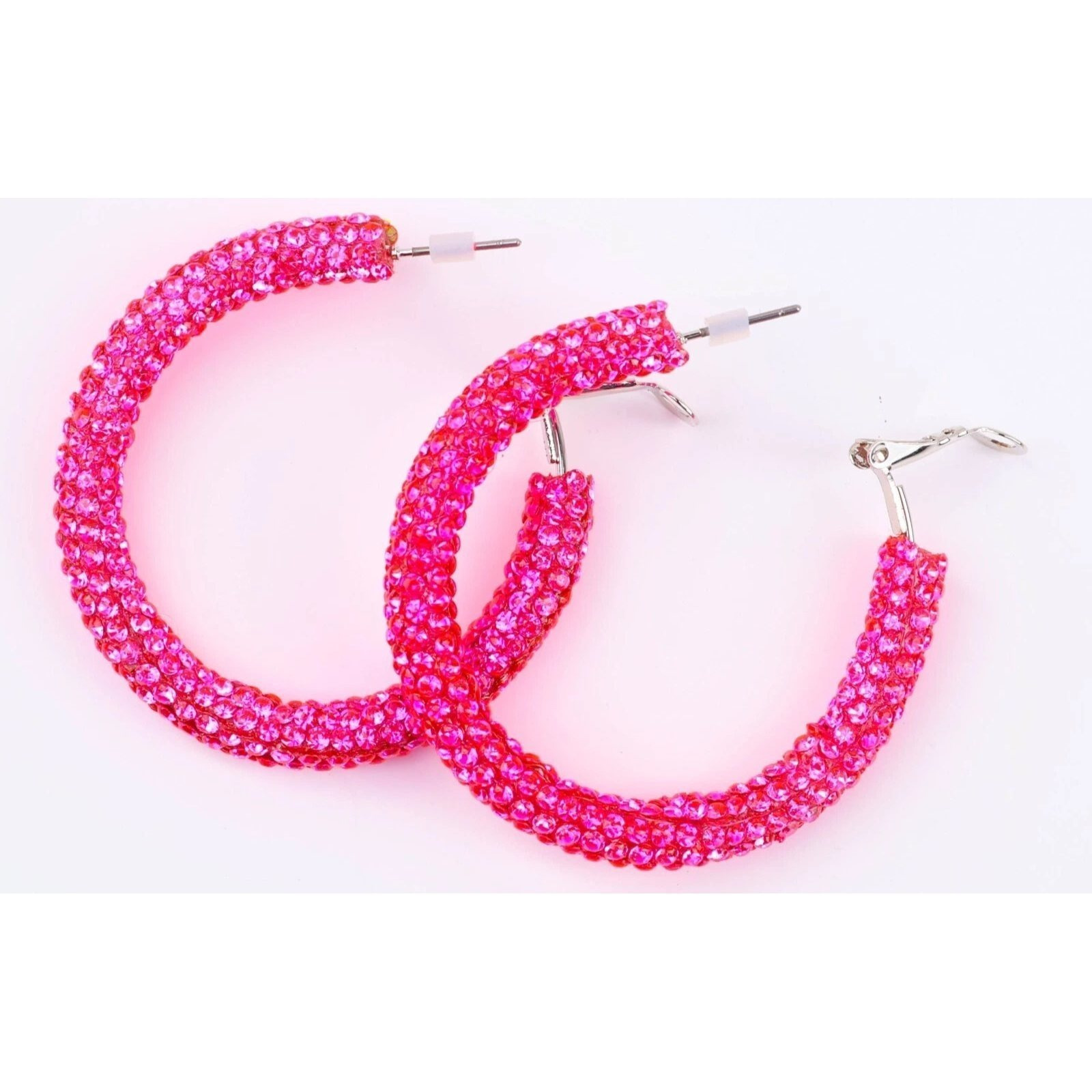 Women's Pink Large Crystal Hoop Earrings, Sparkle Design