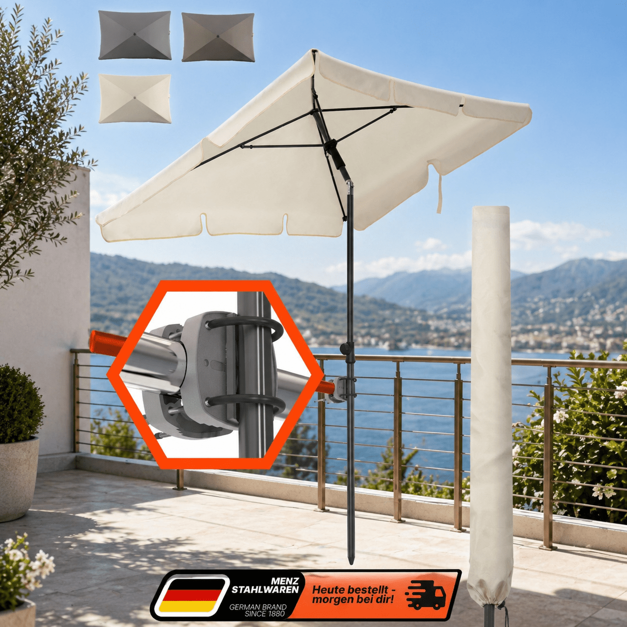 Lindenstein 3-in-1 Premium Balcony Umbrella Set - Rectangular Sunshade 200 X 125 Cm - Includes Railing Mount & Protective Cover - Windproof & Stable In /taupe/beige - Ideal For Balcony & Terrace
