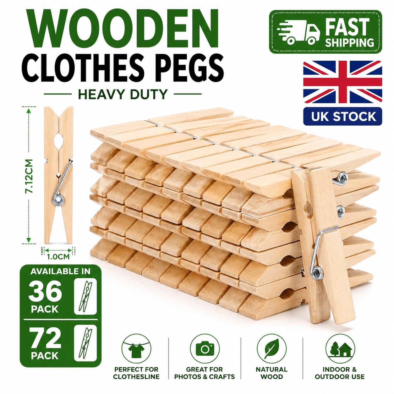 heavy duty wooden clothes pegs 36 72 pack   7 12cm laundry clips for indoor outdoor use