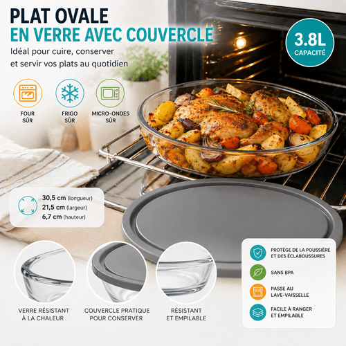 piatto ovale in vetro con 30x21 cm – a , microonde e conservazione – resistente al calore, capacità 3,8l
