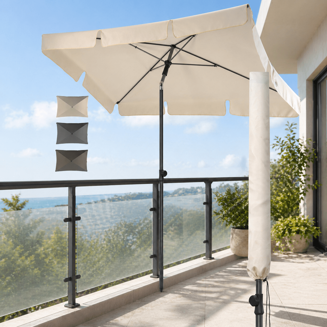 Image of Rectangular Cream Sun Umbrella With Practical Umbrella Cover – High-quality Balcony Umbrella Measuring 190 X 125 Cm. Ideal For Balcony Sun Protection For Pleasant Outdoor Hours