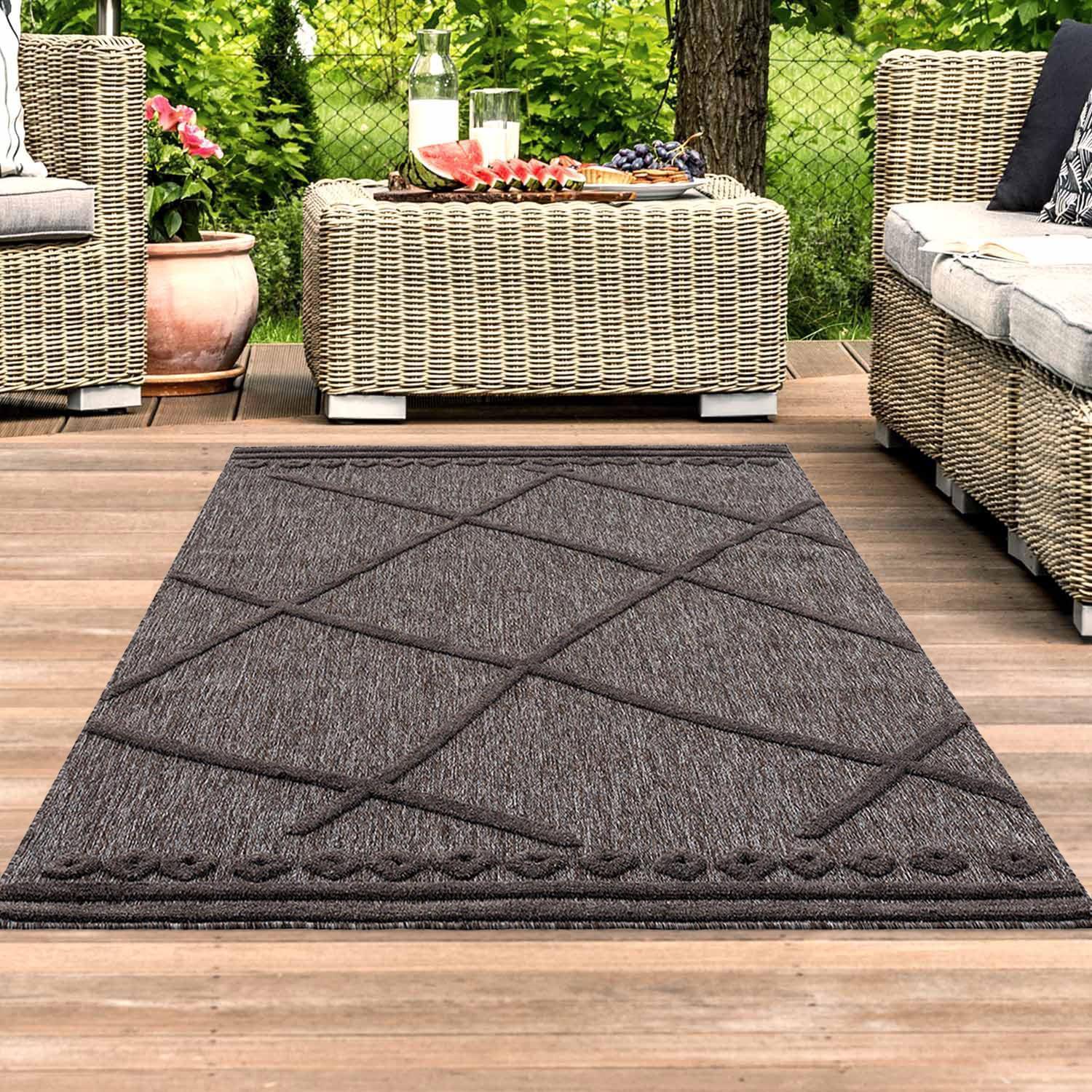 Outdoor Rug For Terrace, Balcony In Dark Grey With High-tie Pattern, 3d Effect With Diamonds - Weatherproof Balcony Rug, Weather Resistant For Porch, Garden, Kitchen, Hallway