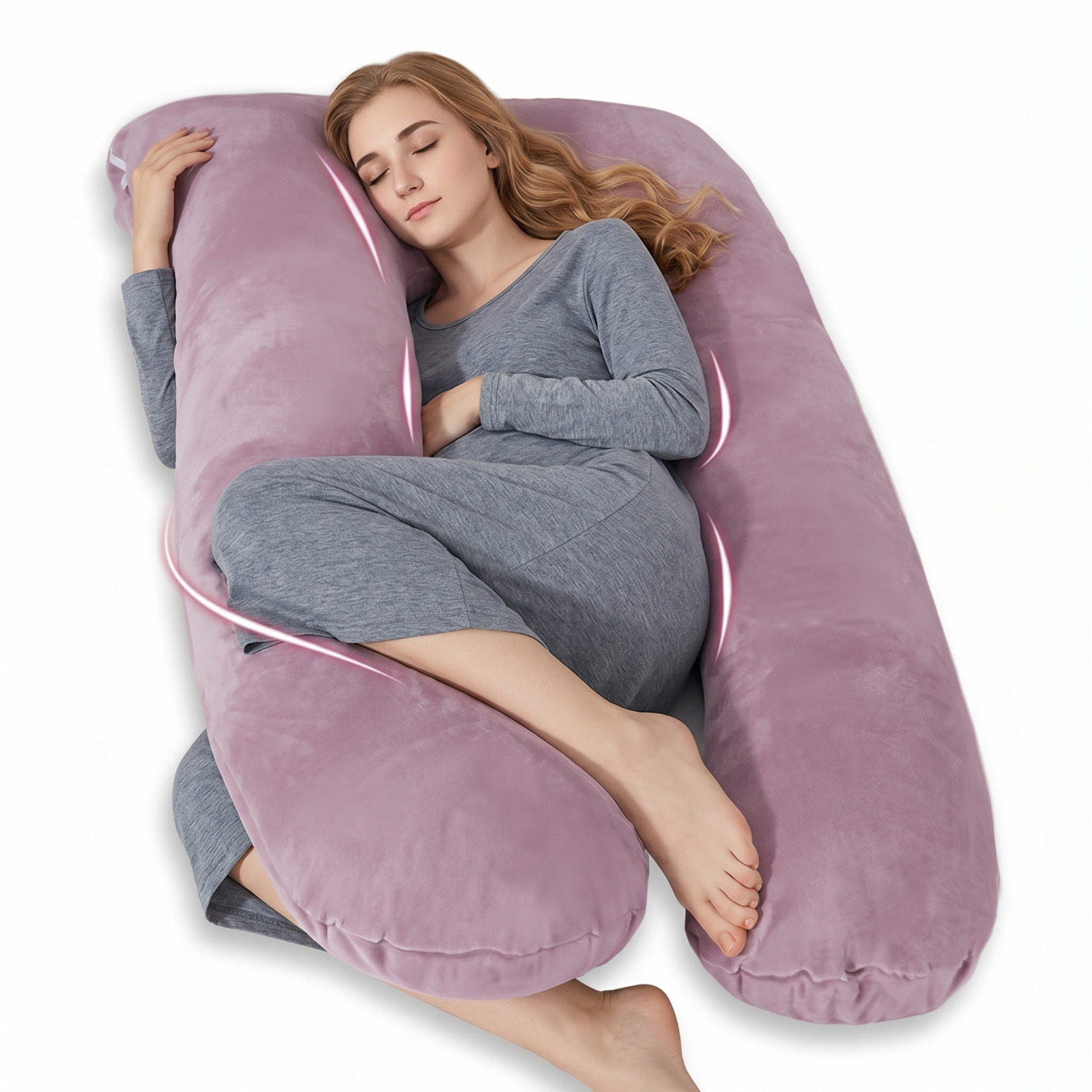 Image of Side Sleeper Pillow U Shape 12ft - Large Still Pillow & Storage Pillow, Velvet Cover, , Body Pillow For Pregnancy, Women & Side Sleepers