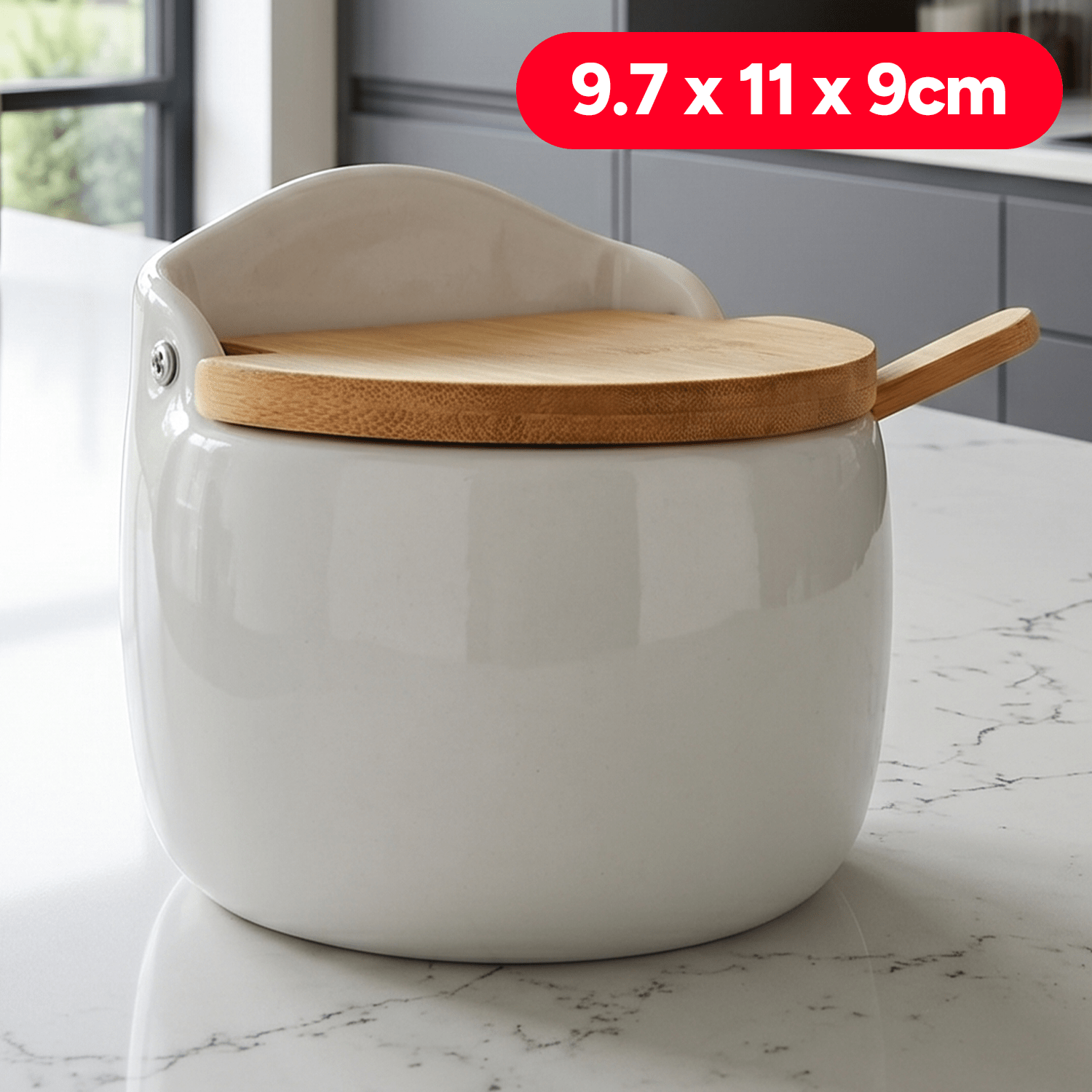 Açucareiro de Cerâmica e Madeira com Tampa e, Recipiente para Especiarias e Condimentos, Branco, 9,7 x 11 x 9 cm: retailer-supplied image