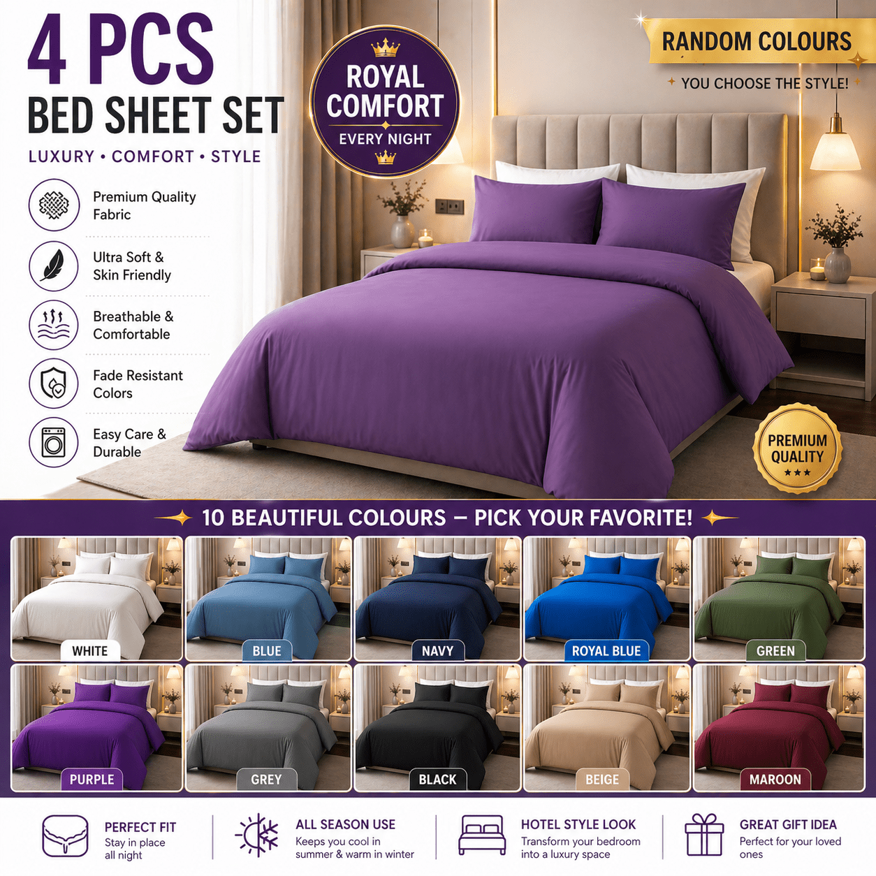 TEMU 100% Cotton 4pcs Duvet Cover Bedding Set With Fitted Sheet Soft Breathable Quilt Cover With Pillowcases Surprise Colour Single Double King Sizes