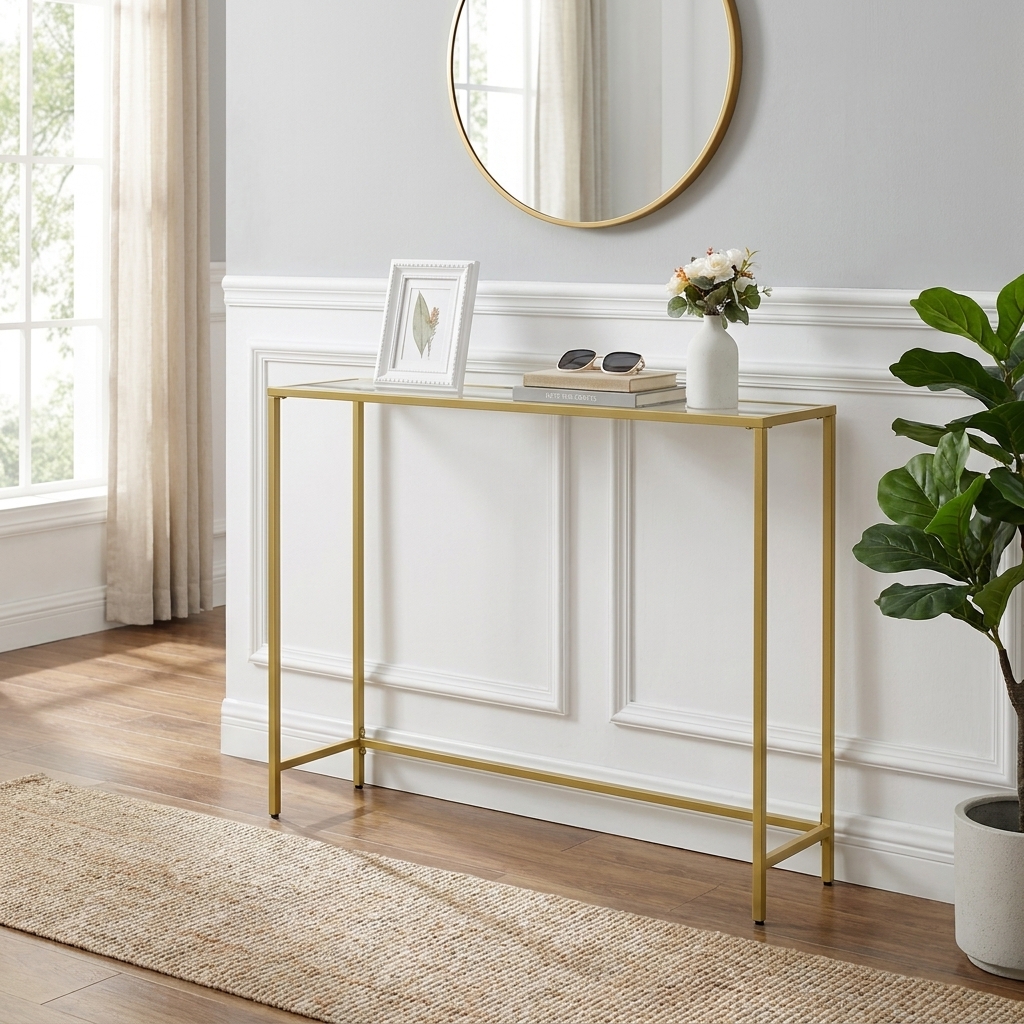 TEMU Table étroite en doré avec dessus en verre trempé transparent, pieds réglables en hauteur, montage facile. Peut de table d’entrée, de console ou
