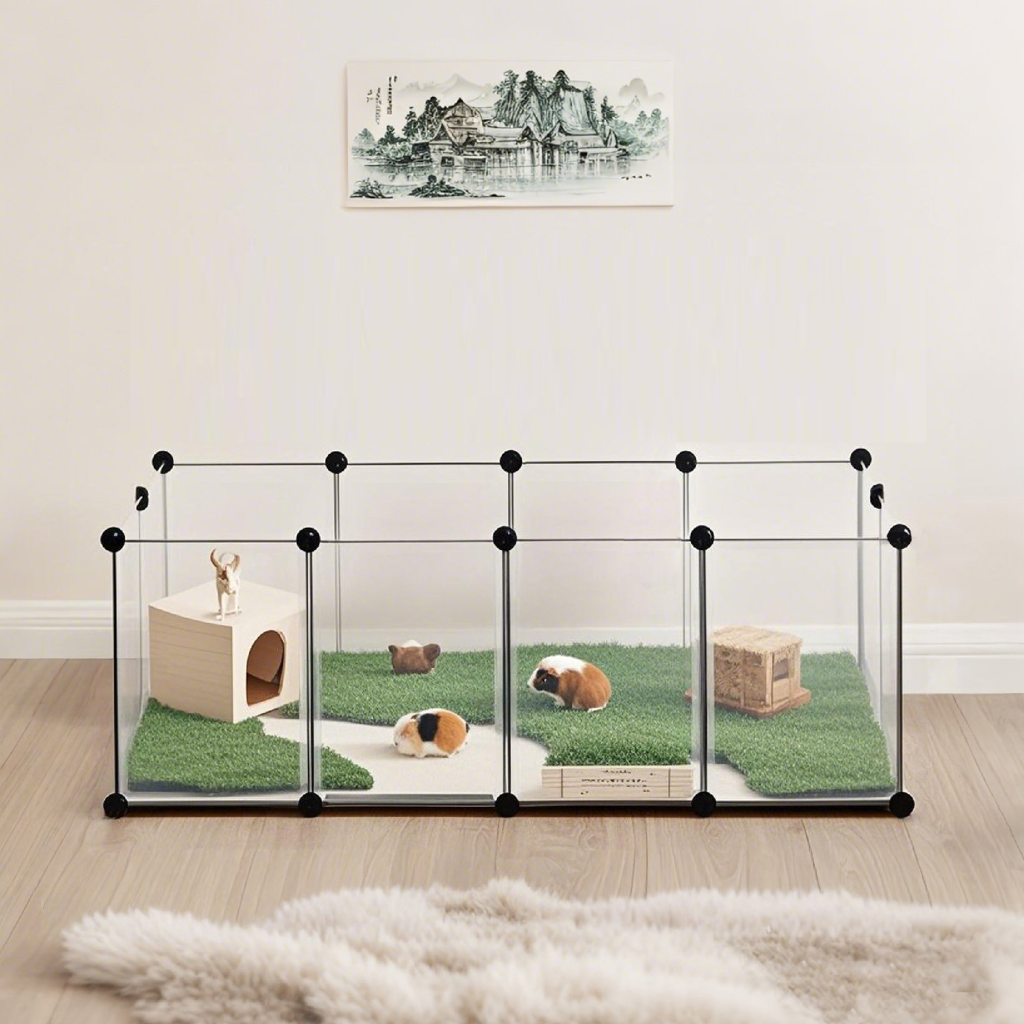 TEMU Freigehege mit Bodenplatten, Laufstall, Meerschweinchen Gehege, aus Kunststoff, Gehege für Hamster, Kaninchen, 125 x 42 cm