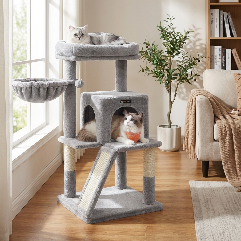 TEMU Pequeño árbol para gatos con plataforma superior extendida y barandilla de seguridad, rascador incluido. Estructura estable y . Se entrega un