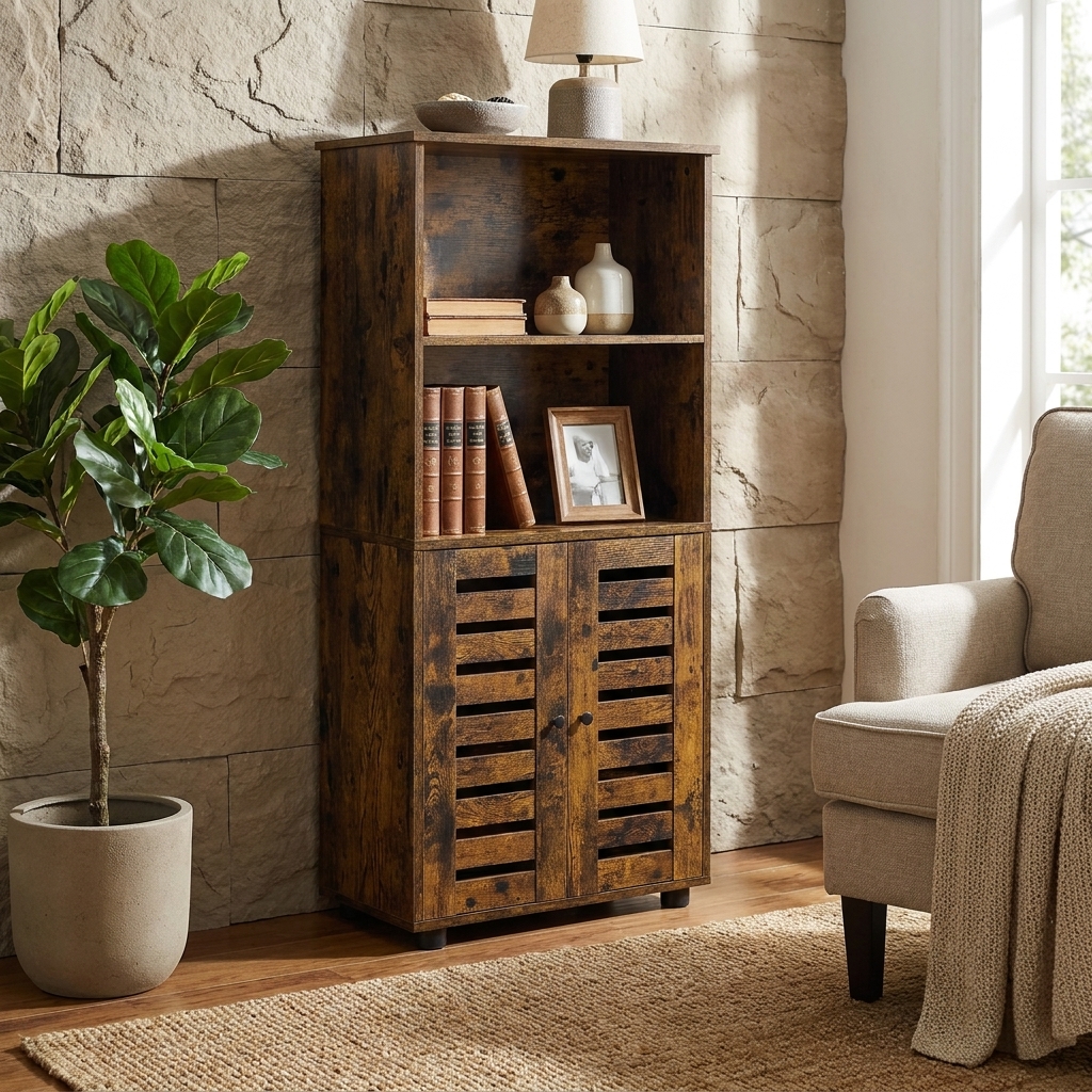 This Storage Cabinet Features Louvered Doors, 2 Open Shelves, And Height-adjustable Floors. Used Versatilely As A Bookshelf, Kitchen Cabinet, Or Storage Space – Practical And Flexible.