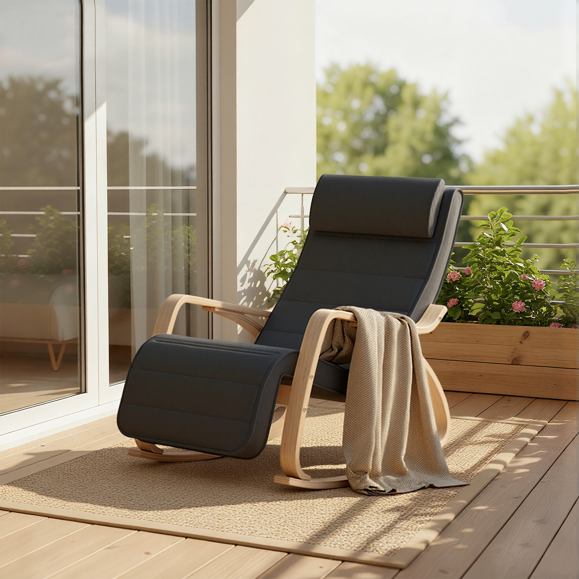 E-shop Schaukelstuhl mit 5-stufig verstellbarer Fußstütze, Lounge-Sessel,Schaukelsessel mit Armlehnen aus Birkenholz, für Wohnzimmer,Garten im