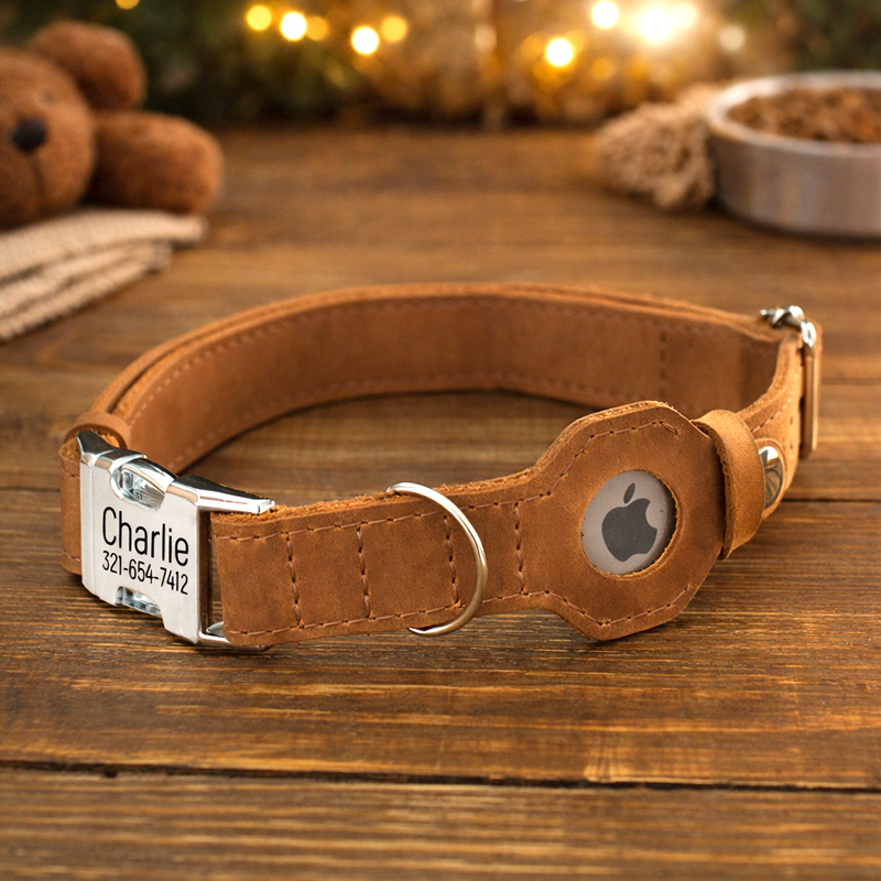 Image of Leather Dog Collar With Airtag Holder In 6 - Secure Gps Tracking Pet Collars - Genuine Leather Collar For Small Medium Large Dogs - Adjustable Sizes Xs To Xl (23-64cm)