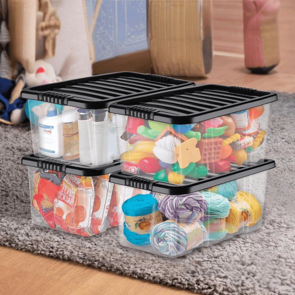 Compact 7L Plastic Storage Box with Black Lid, Stackable Design