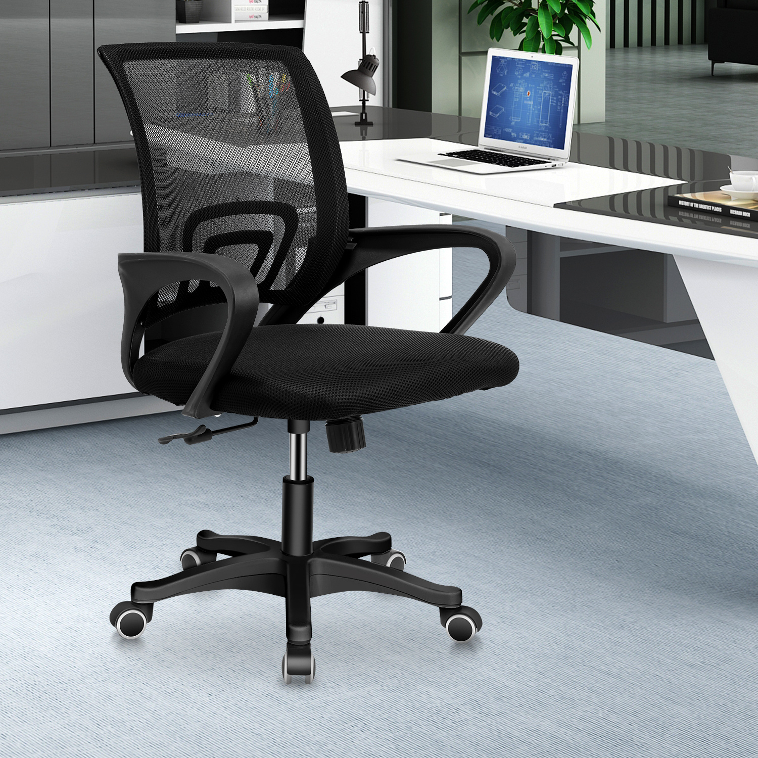 E-shop Mesh Bürostuhl Ergonomisch, Schreibtischstuhl mit Rückenschonend, 360° Drehstuhl mit Armlehnen, Computerstuhl mit 90°-105° Liegefunktion,