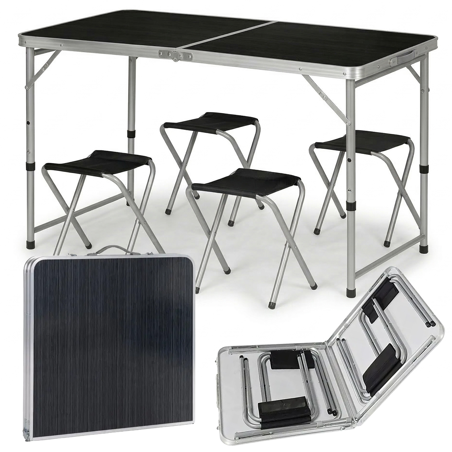 camping-tisch-set mit 4 klappstühlen in kofferform 120 × 60 × 55–70 cm schwarz, tragbarer campingtisch für picknicks und ausflüge mit verstellbarer tischplattenhöhe für verschiedene benutzerbedürfnisse, robuste konstruktion aus langlebigem polyethylen und pulverbeschichtetem stahlrahmen für langlebigkeit und schadensfestigkeit, kompaktes zusammenklappbares camping-set mit griff, funktionaler tisch mit stühlen für garten, terrasse und reisen