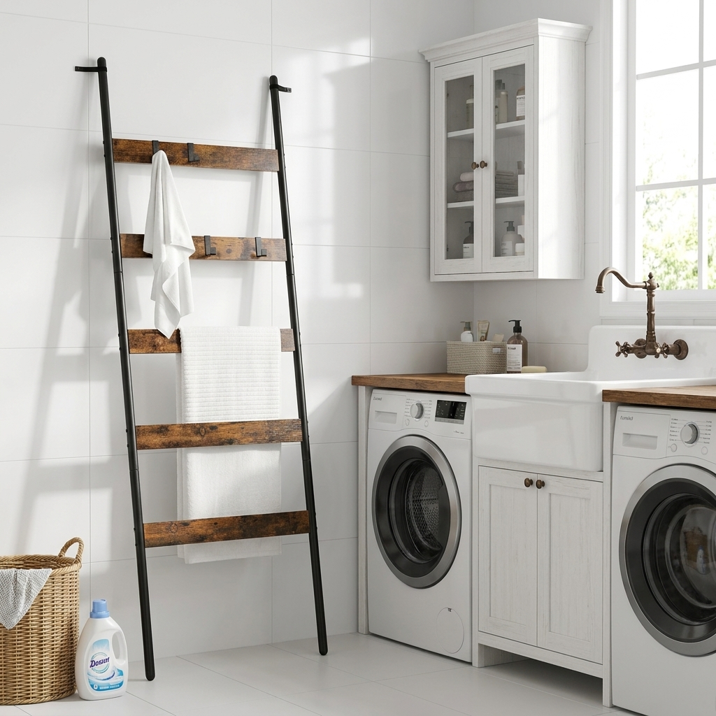 Image of Slanted Ladder Shelf In Industrial Style In Rustic Brown And Black With . 5 Levels For Storing Towels, Scarves Or Blankets.
