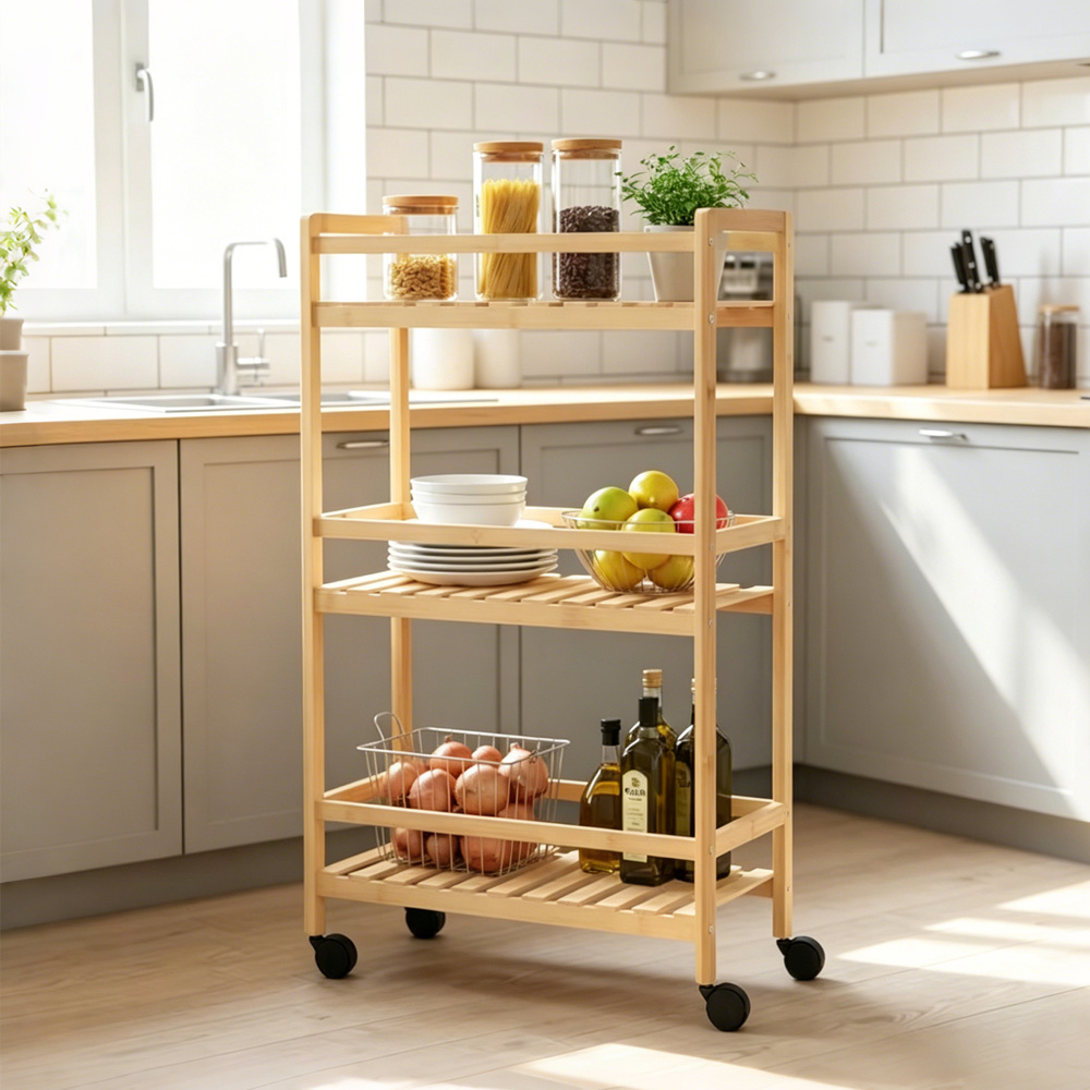 TEMU Carro Utilitario de 3 Niveles con Ruedas, Carro de Cocina de Bambú, Carro de Almacenamiento , de , Adecuado para Baño, Cocina, Oficina, Estante