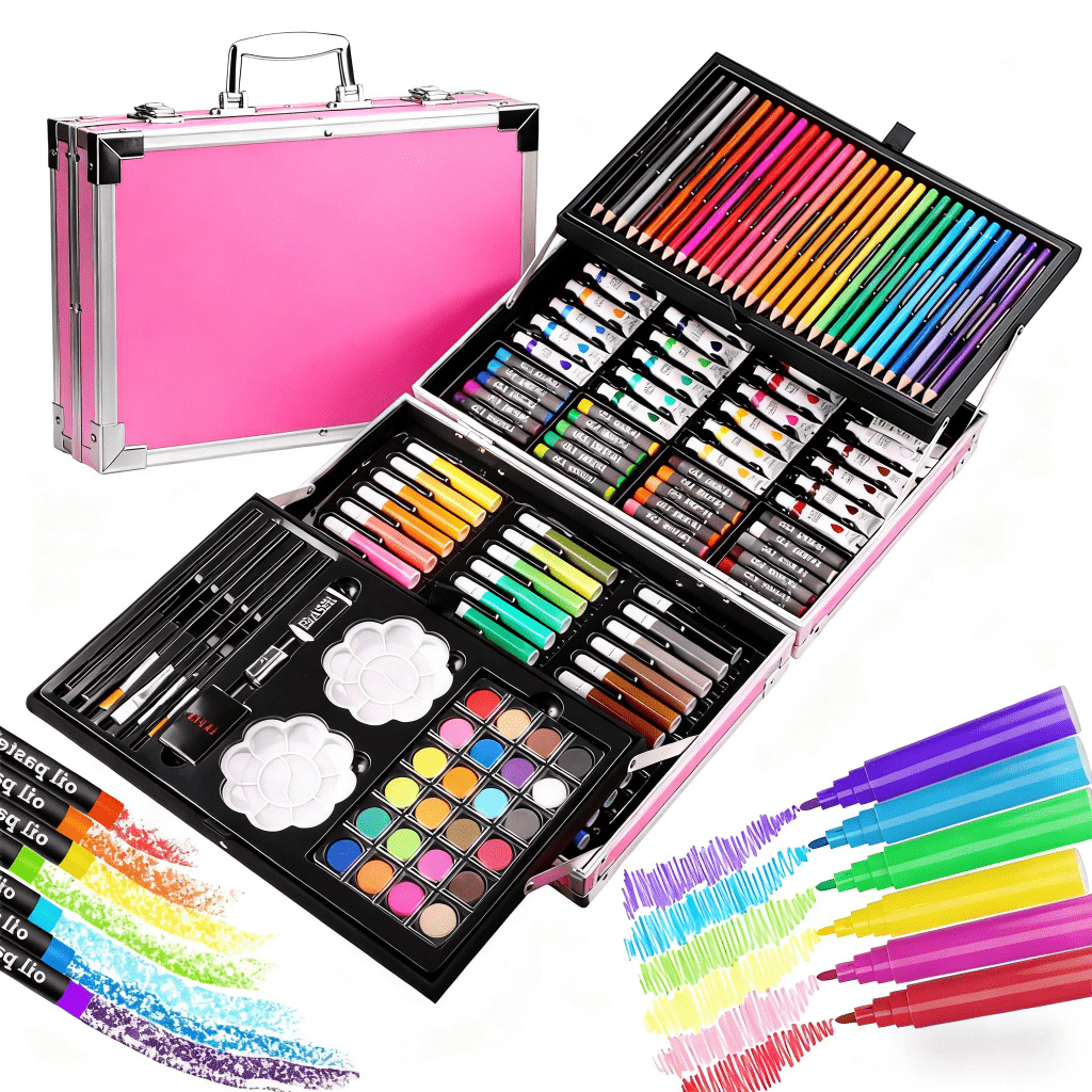 E-shop Kunstset, 145-teiliges Deluxe-Malset im Kunstkoffer mit Aquarellstiften, Buntstiften, Farben, Ölpastellen, Mal- und Zeichenbedarf, Geschenk für