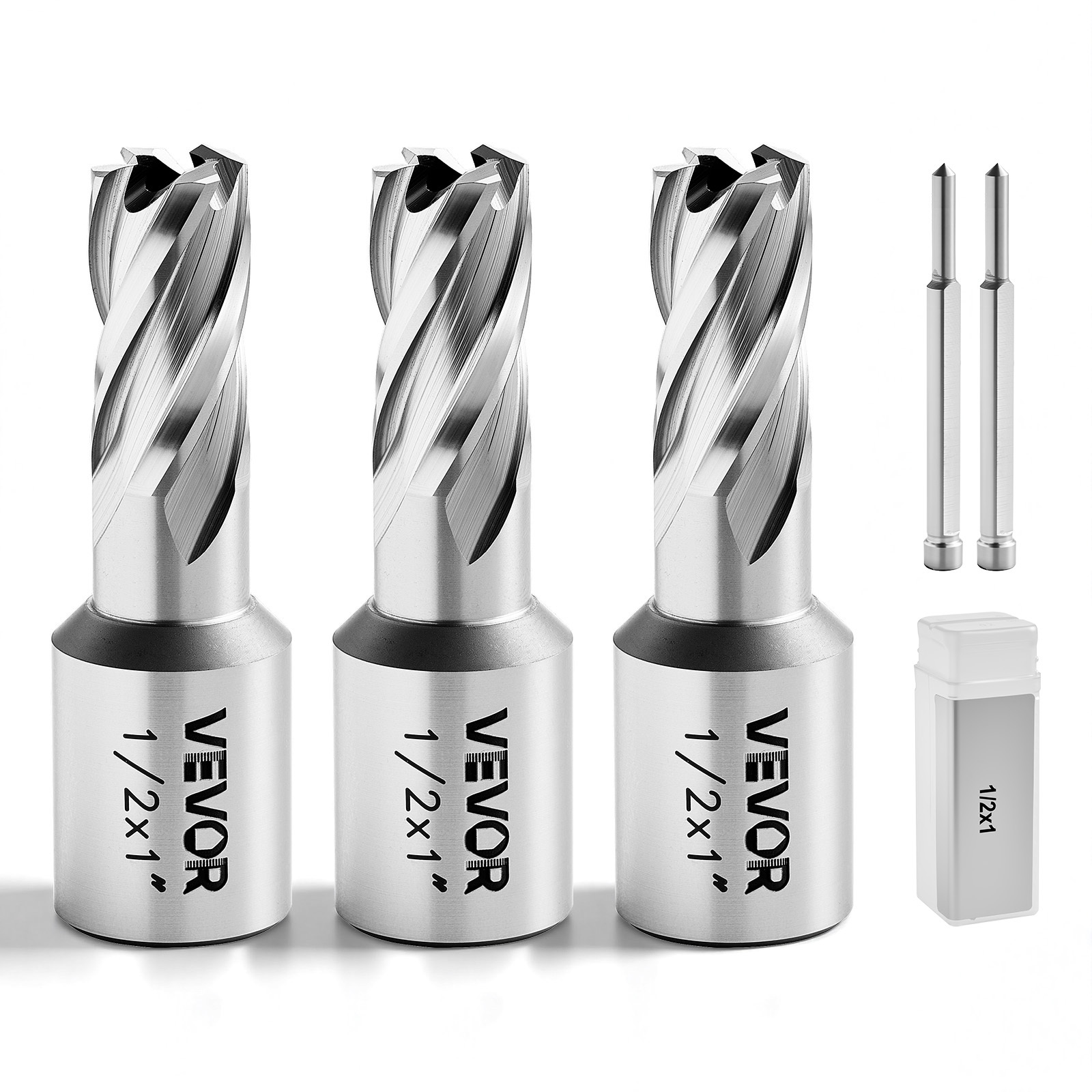 Vevor Annular Cutter Set, 5pcs Weldon Shank Mag Drill Bits Kit, 1" Cutting Depth, 1/2" Cutting Diameter, Hss, 3 Drill Bits With 2 Pilot Pins And 3 Plastic Cases, For Magnetic Drills, Steel, Aluminum