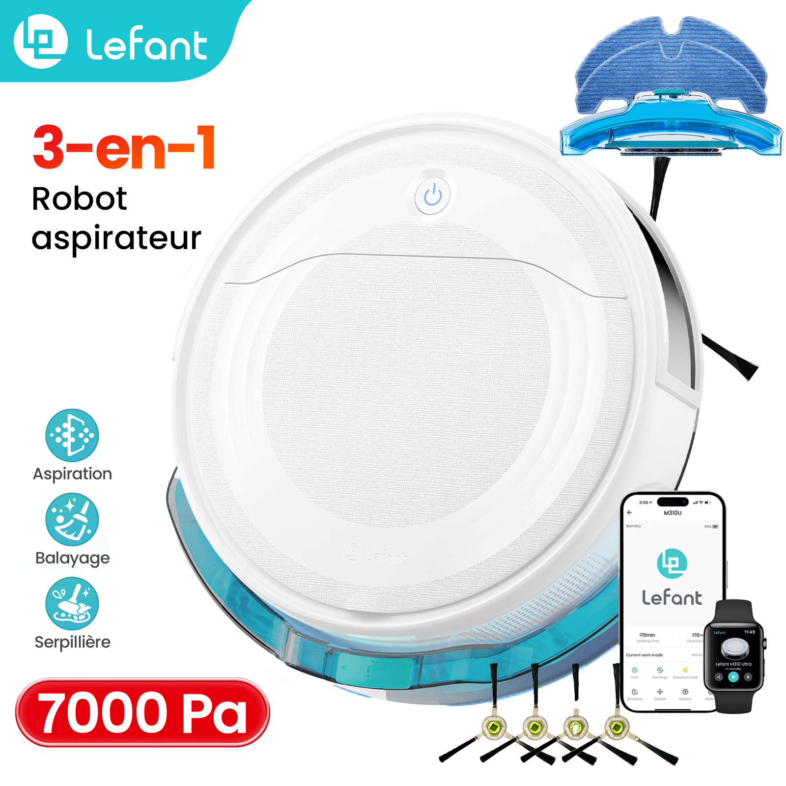 TEMU Lefant Ultra Aspirateur robot laveur, 7000 Pa d’aspiration élevée, navigation dToF, évitement d’obstacles PSD, 170 Min. Design compact et