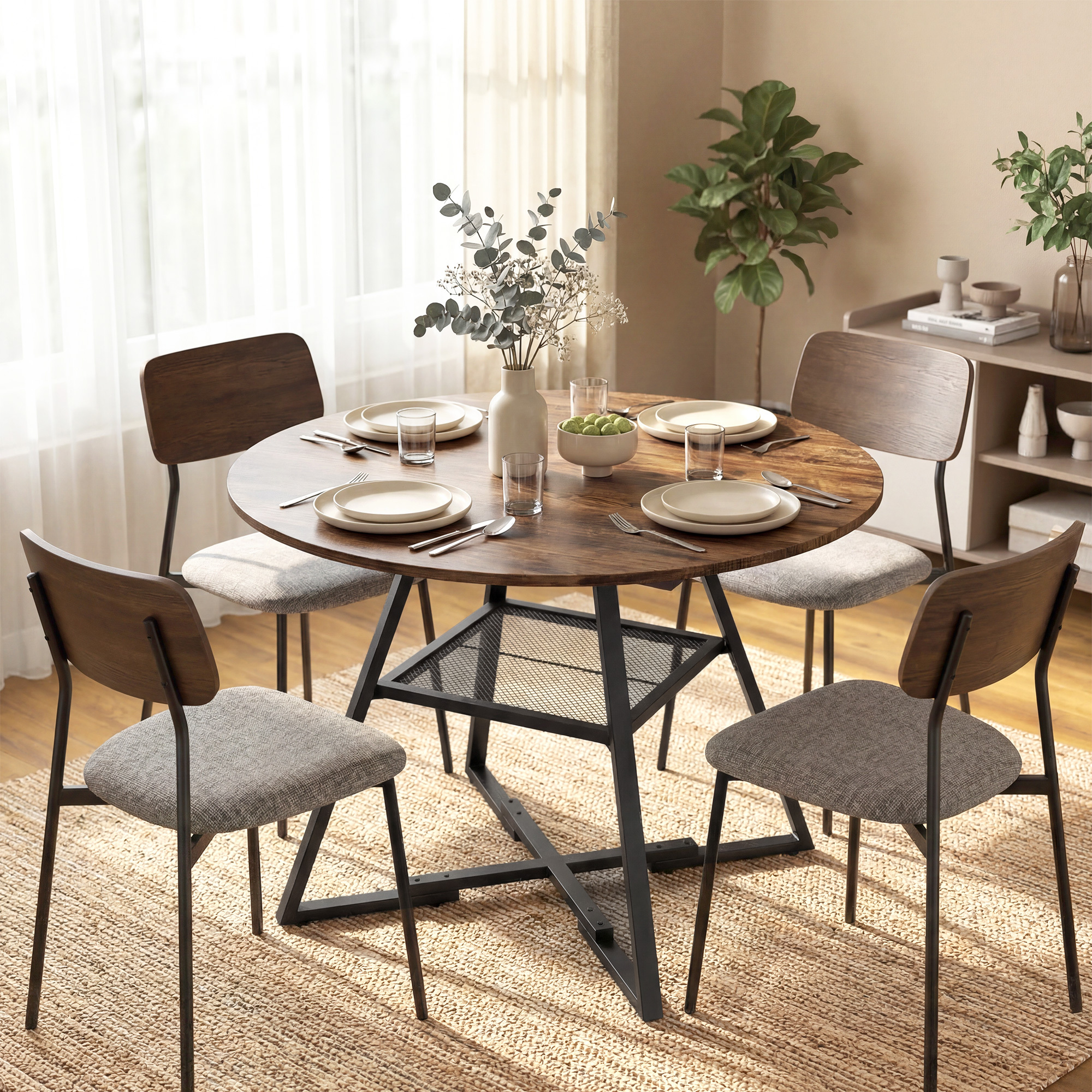 Image of Dining Table, Ø100 Cm Round Kitchen Table For , Industrial Dining Table With Storage, Wood-look, Metal Frame For Living Room Dining Room, Rustic-brown.