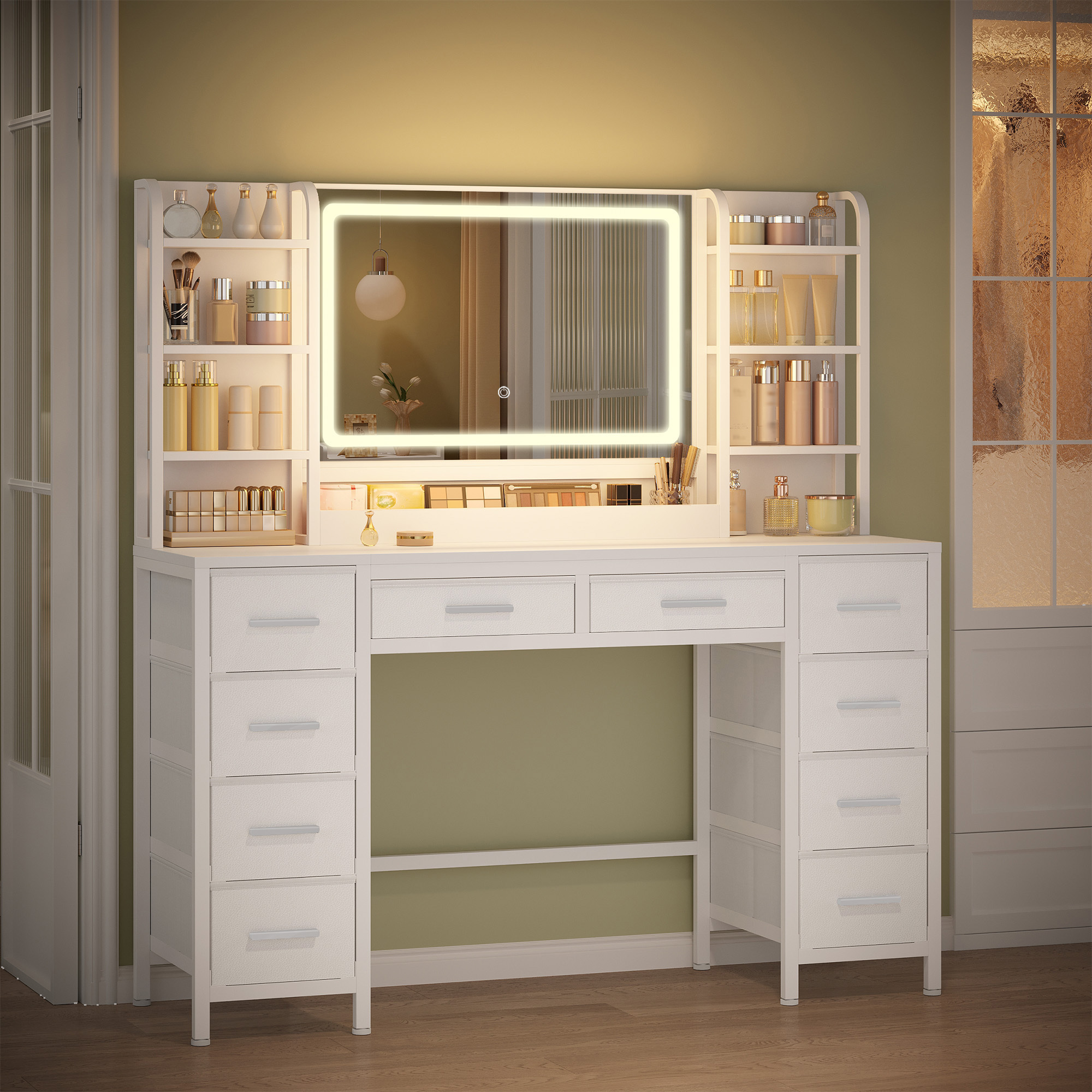 Toilet Unit 134.5 Cm With Mirror, Makeup Mobile With Led Light, 3 Colors, Adjustable Brightness, 10 Drawers, 8 Open Compartments, White