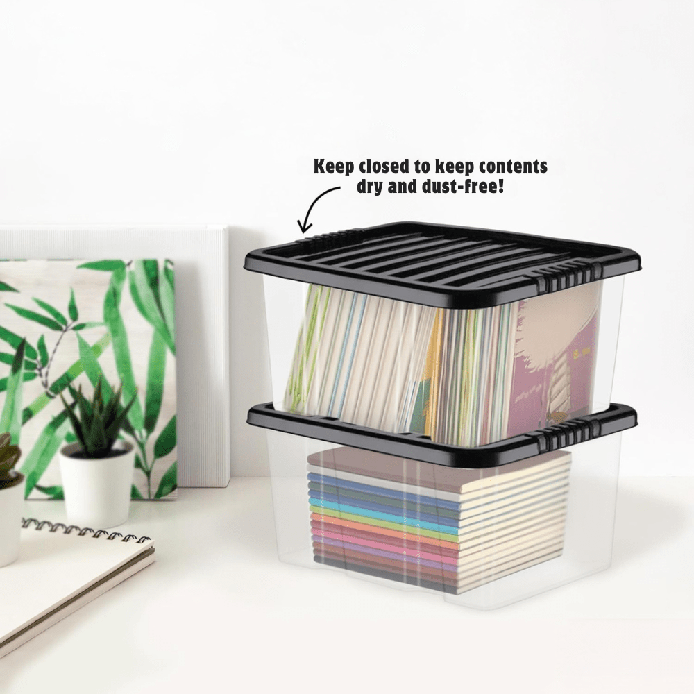 Compact 7L Plastic Storage Box with Black Lid, Stackable Design