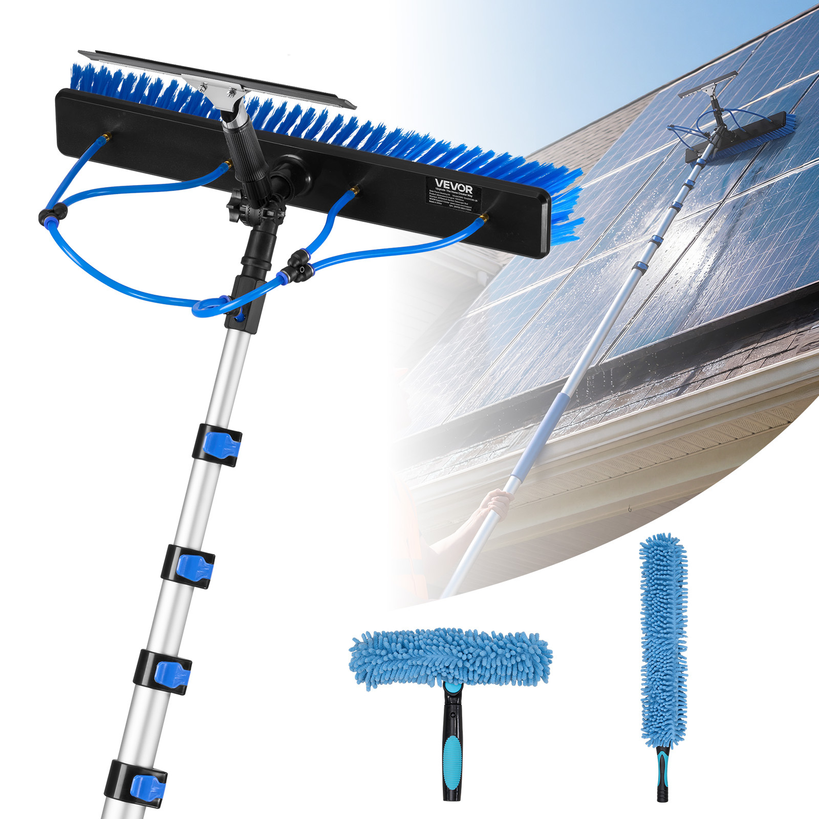 Image of Vevor Solar Panel Cleaning Kit, 10.02m, Water Fed Pole Kit With Cleaning Brush, Squeegee, Soap Dispenser, Extendable Aluminum Telescopic Pole, 180° Rotatable Brush Head, For Roof Mounted Solar Panels