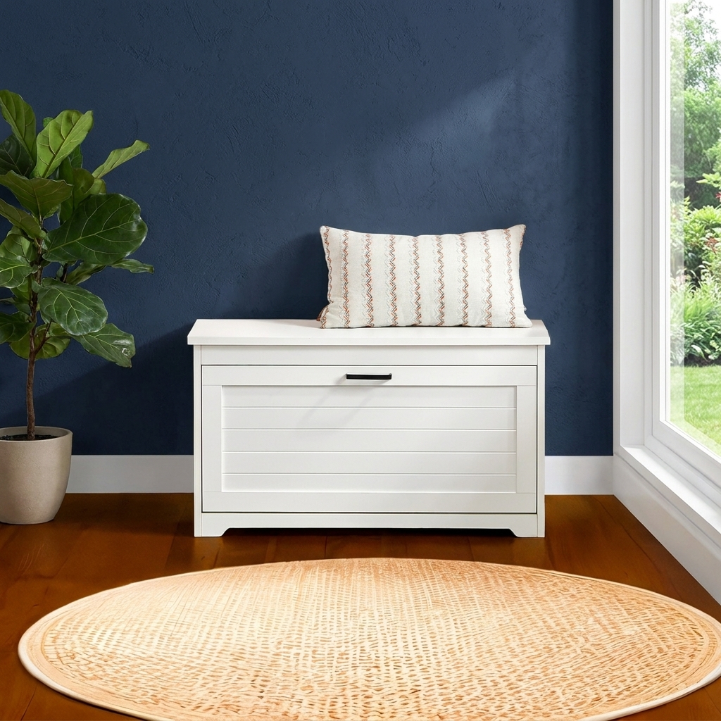 White Bench With Lid, Usable As A Shoe Cabinet. With Lateral Grip Recesses. Dimensions: 80 Cm Length, 30 Cm Depth, 46 Cm Height.