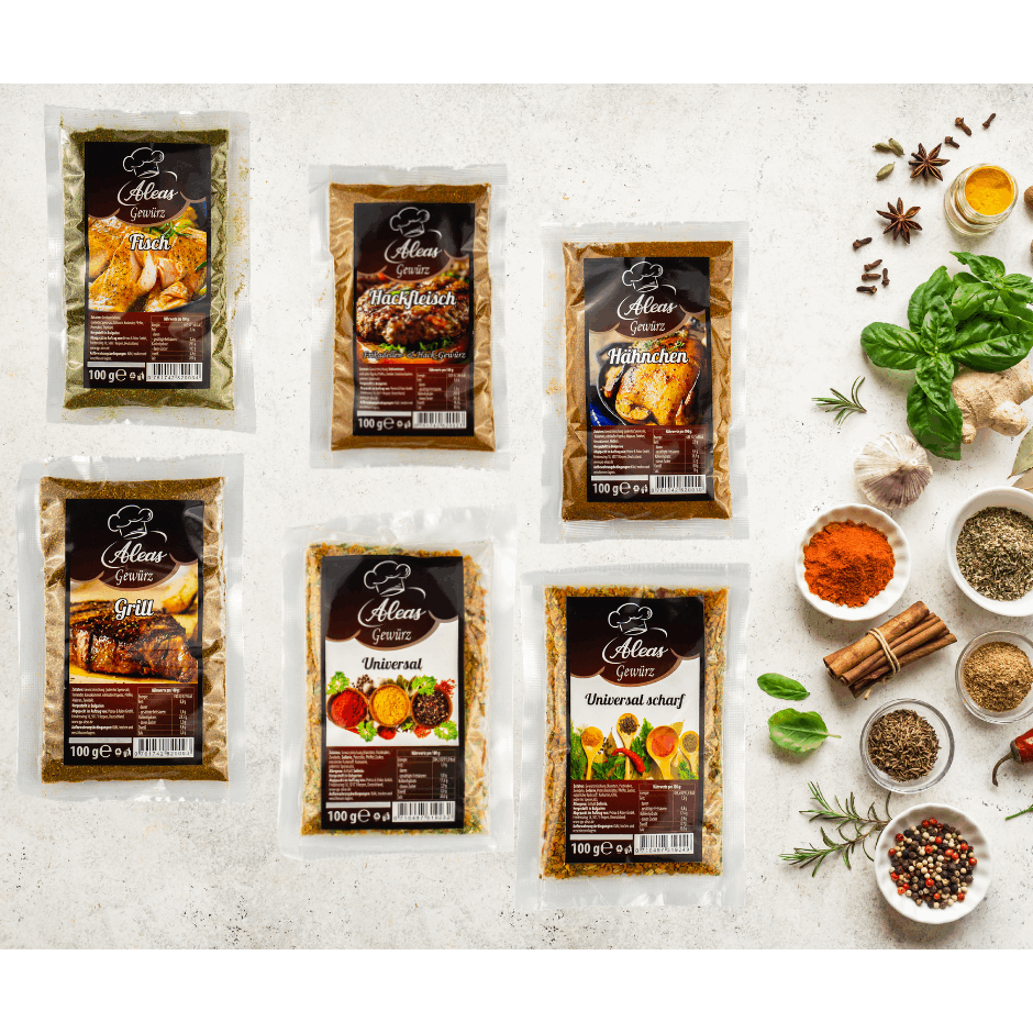 6-piece Set Aleas Gourmet Spice Collection - Universal, Grill, Chicken, Fish & Ground Meat - 6 X 100g Storage Pack For Kitchen & Bbq