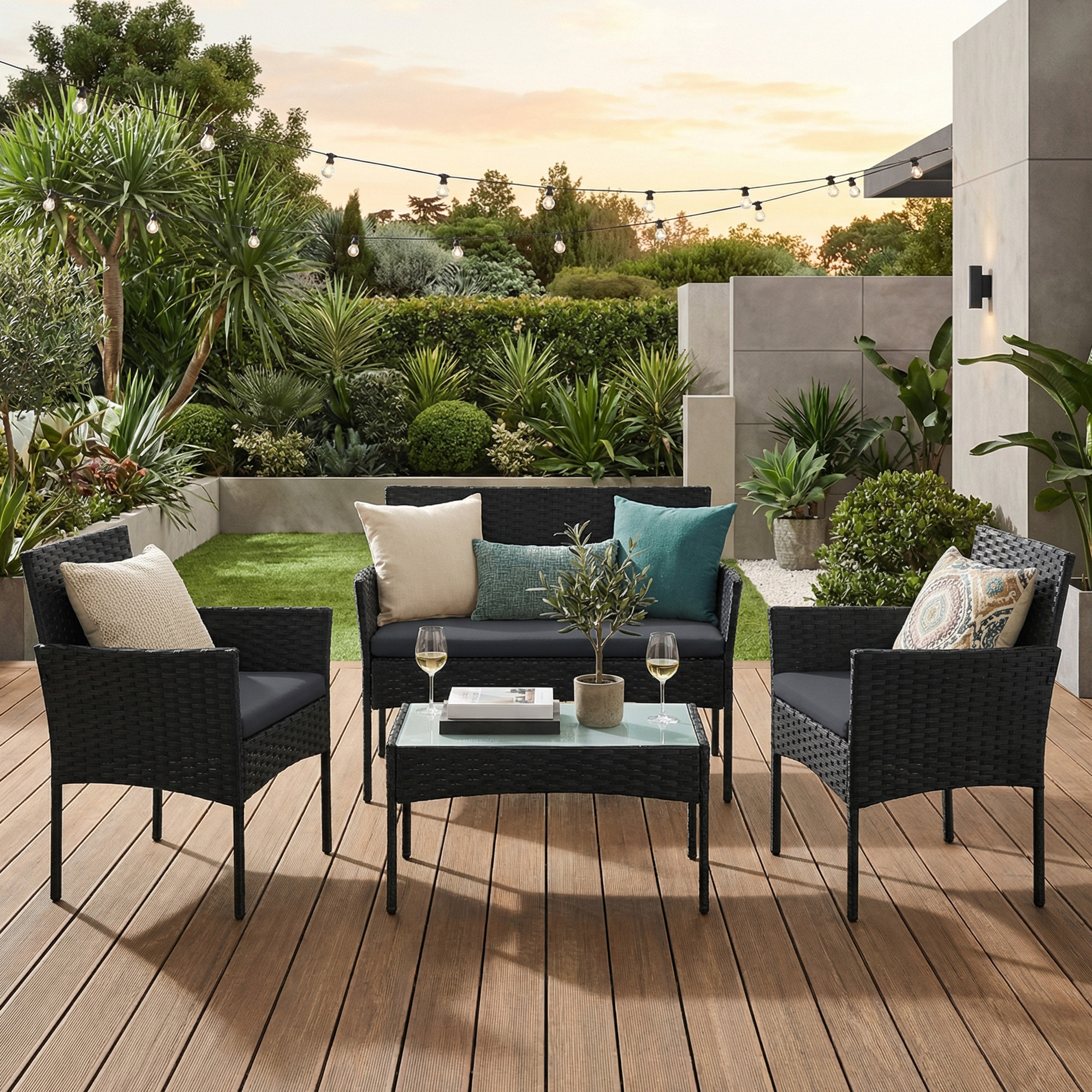 E-shop Balkonmöbel, Gartenmöbel-Set, 4er Set Polyrattan Gartenmöbel – 1 Sofa, 2 Armlehnsessel, 1 Tisch + weiche Kissen – PE Lounge-Set für Terrasse,
