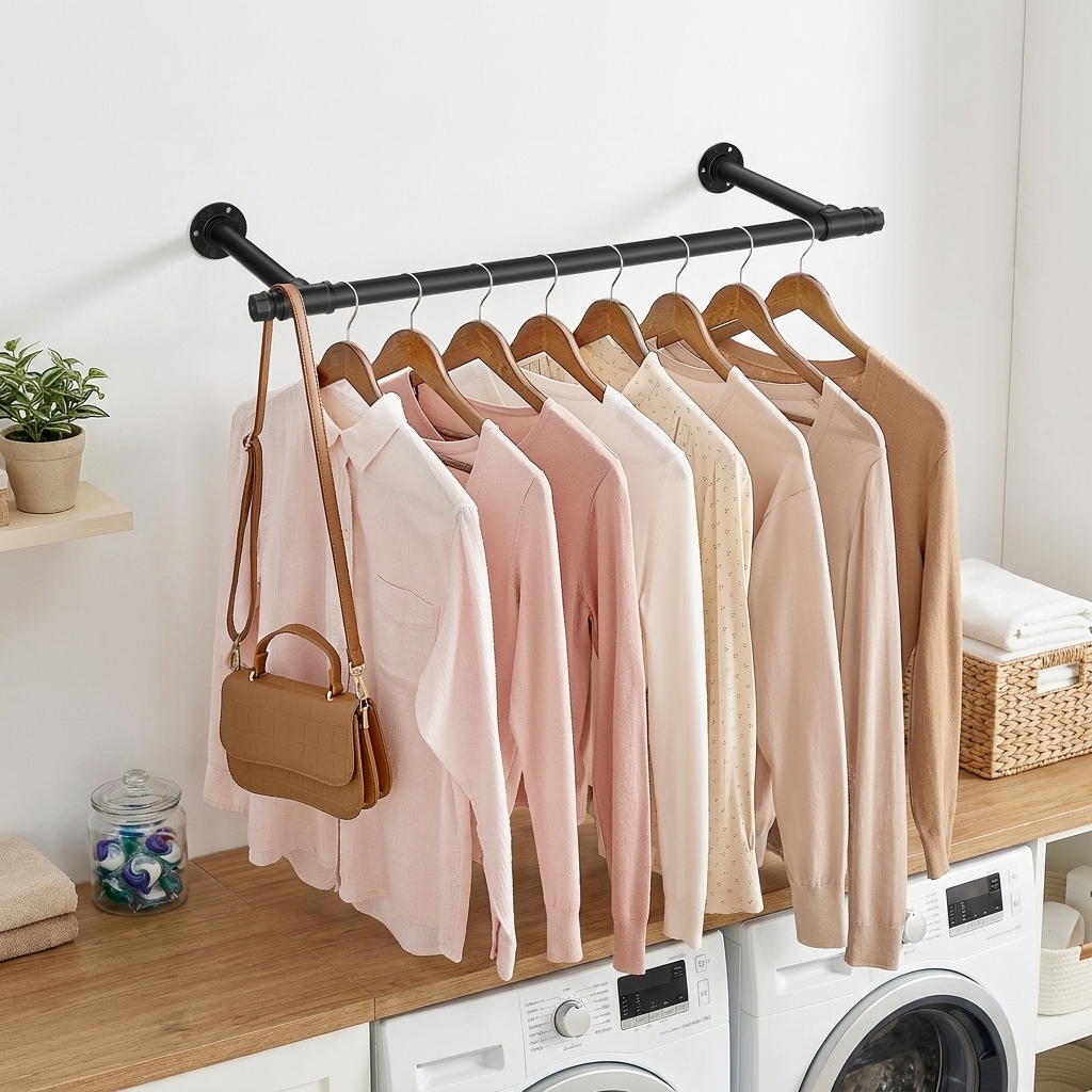 E-shop Wandmontierte Kleiderstange im Industrie-Design. Einfach zu montieren und platzsparend.