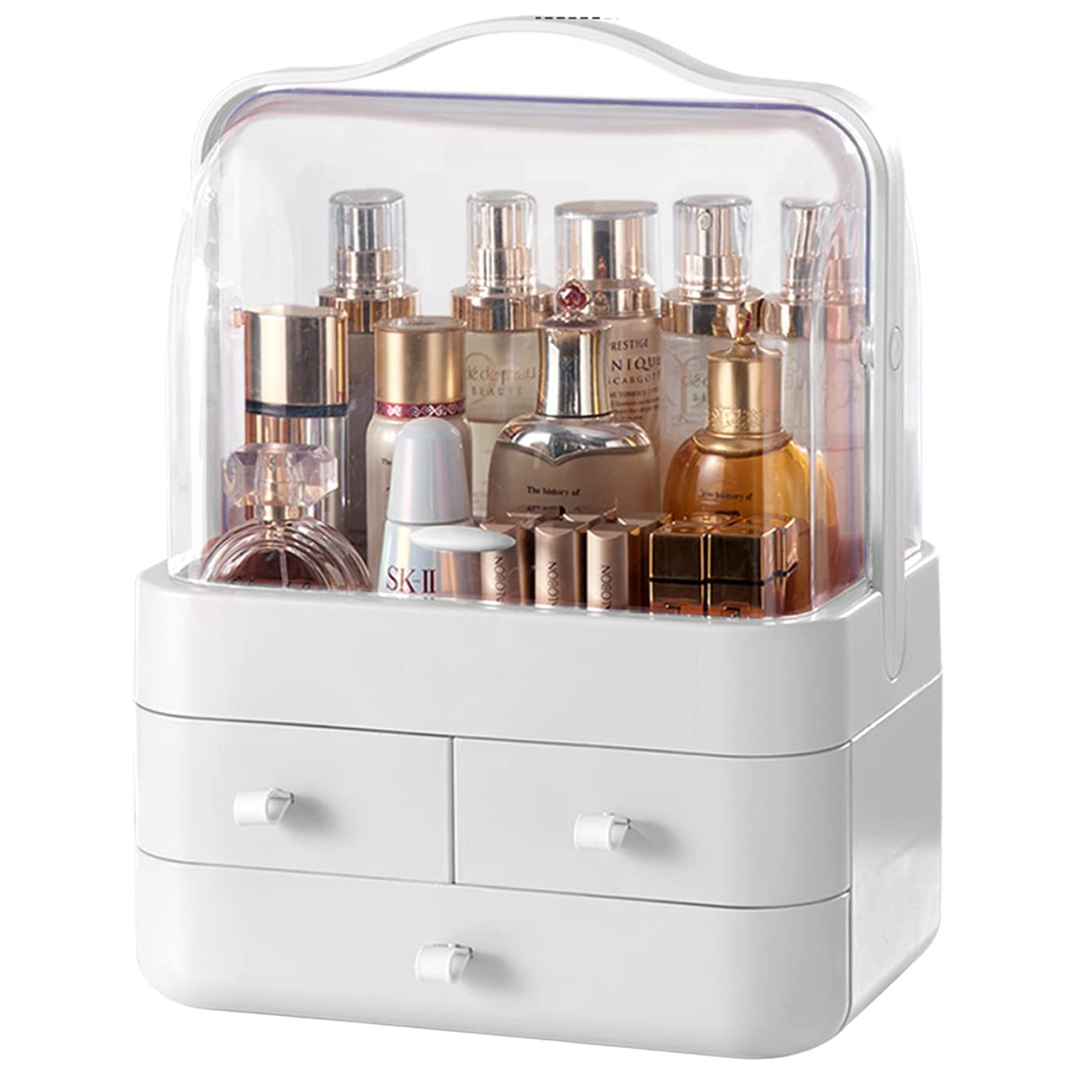 TEMU Makeup Organiser Storage White Cosmetic Storage Box With Clear Dustproof Cover Drawer Vanity Organiser Case Portable Beauty Storage Holder Large
