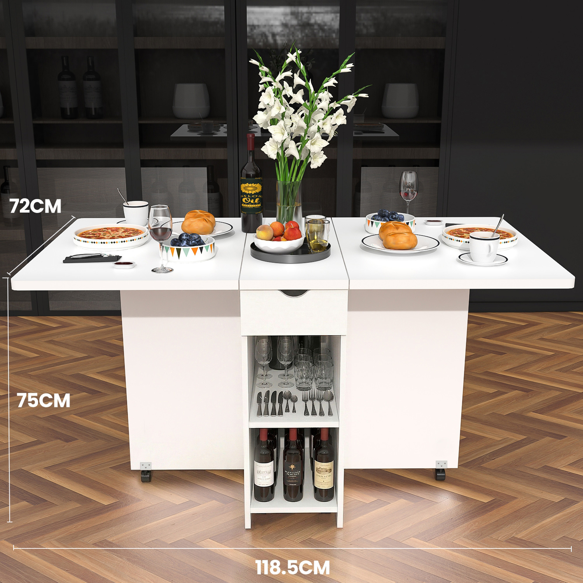 E-shop Klappbarer Esstisch mit 360° Rollen, Klapptisch Platzsparender Multifunktionaler Küchentisch, mit Ablagen und Schublade, modernes Design,