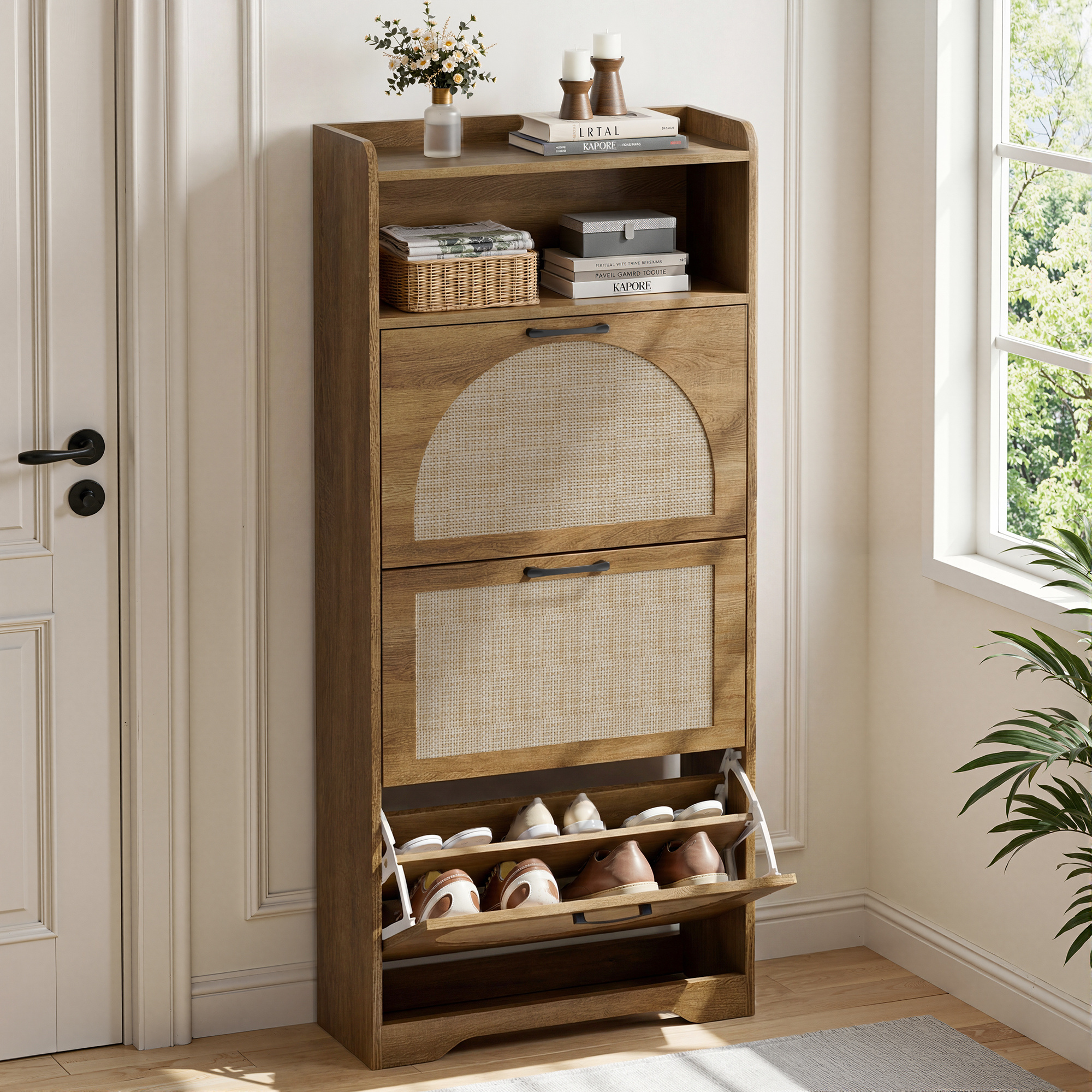 Image of Adjustable Cow Shoe Cabinet With Rattan Finish, 3 Doors And , Adjustable Shoe Compartments, Suitable For Hallway, Living Room, , Dimensions: 60 X 24 X 137 Cm, Brown