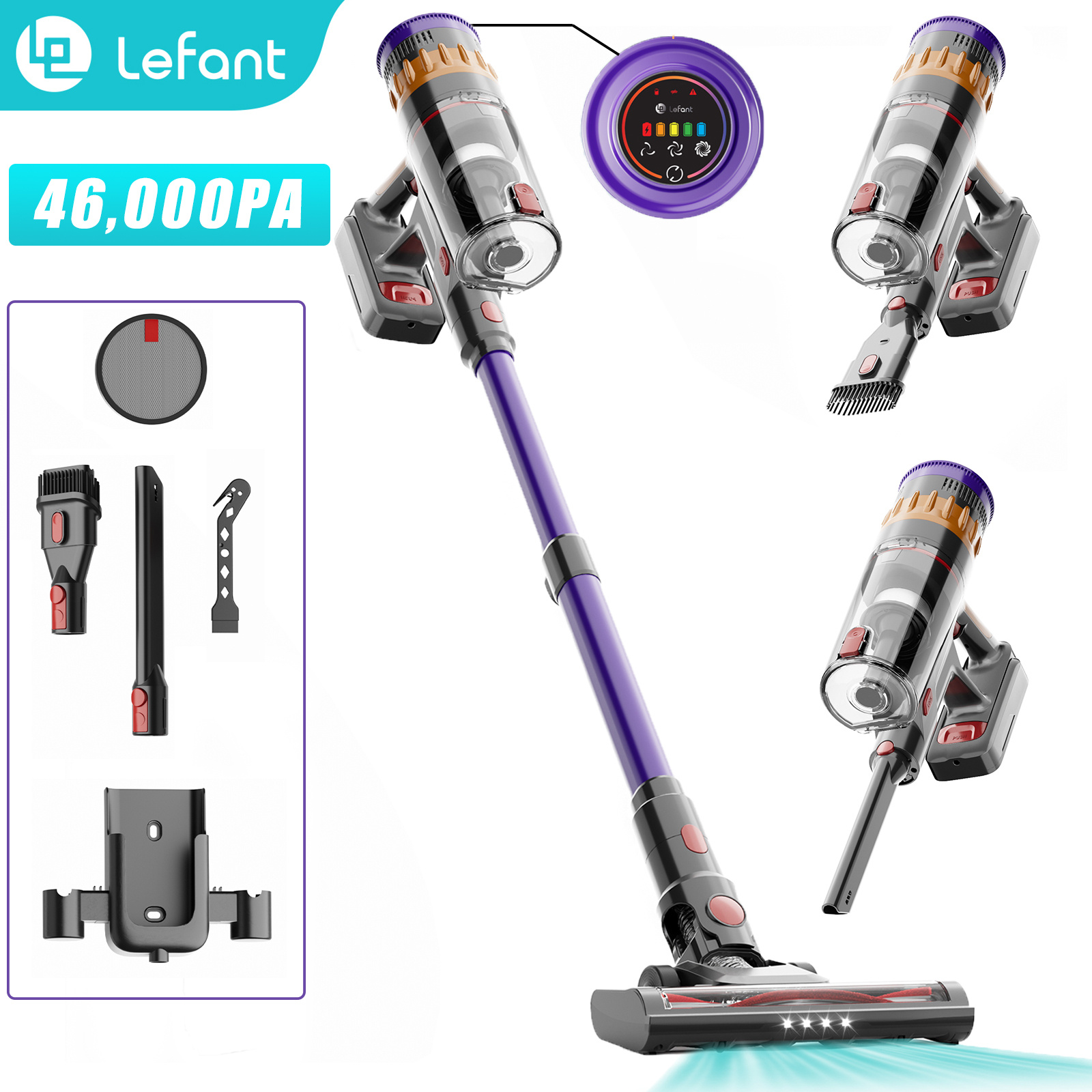 TEMU LEFANT V1+ 3-in-1 aspirapolvere senza super potente嚗�46kPa aspirapolvere senza potente, di filtraggio 5 livelli, Display LED, Batteria litio