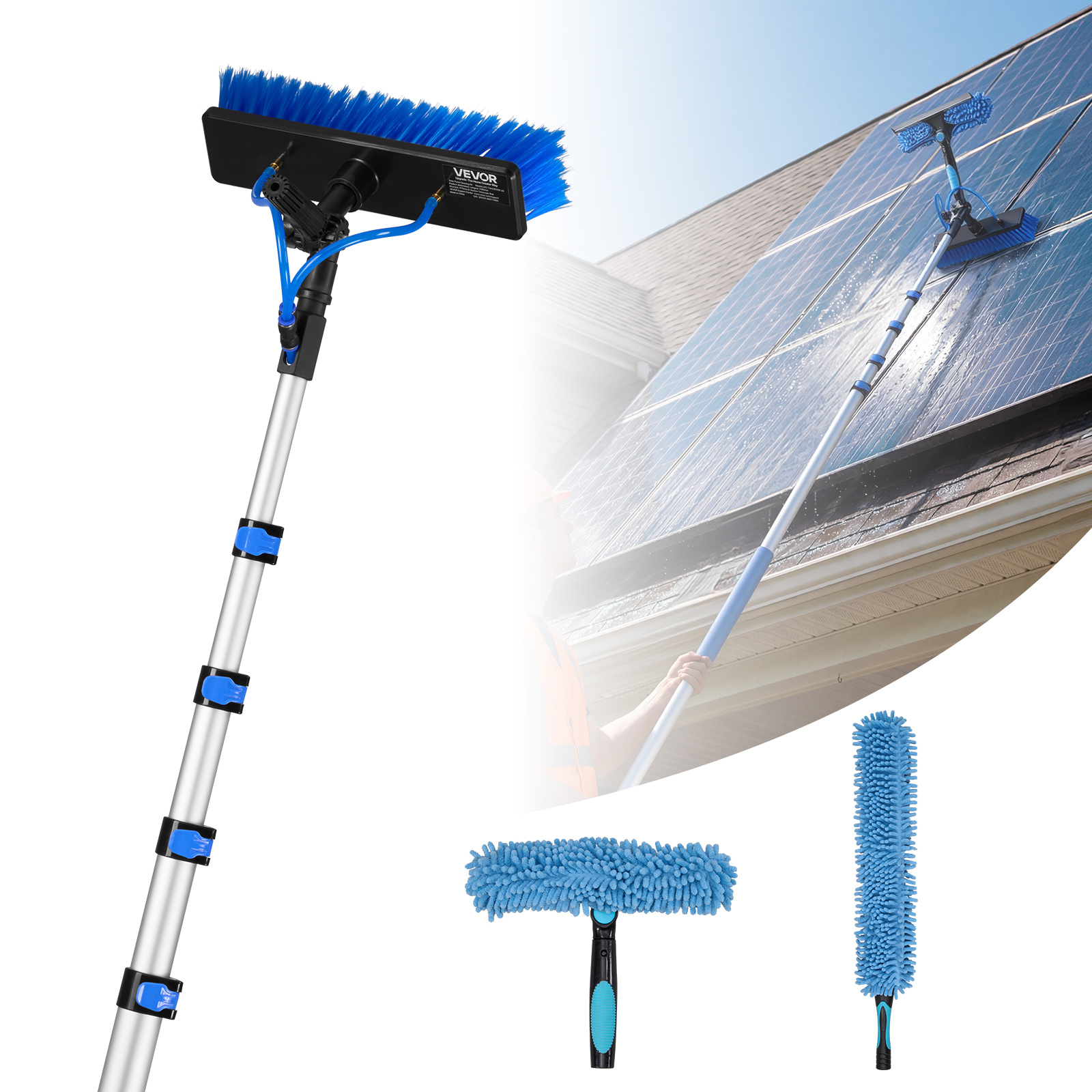Image of Vevor Solar Panel Cleaning Kit, 7.885 M, Water Fed Pole Kit With Cleaning Brush, Soap Dispenser, Extendable Aluminum Telescopic Pole, 180° Rotatable Brush Head, For Roof Mounted Solar Panels, Windows